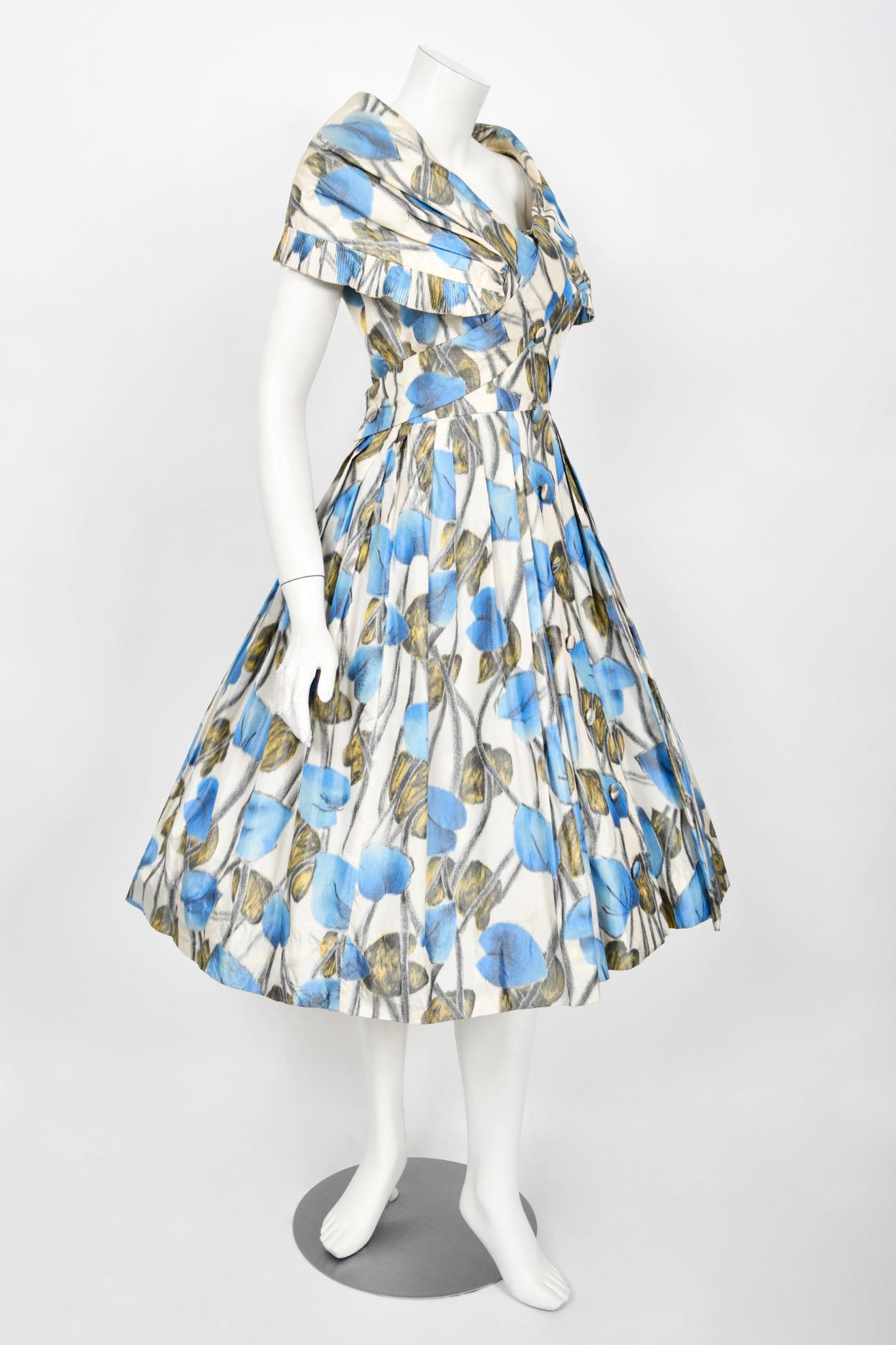 Rare 1956 Christian Dior Couture Blue Floral Silk Portrait Collar New Look Dress In Good Condition For Sale In Beverly Hills, CA