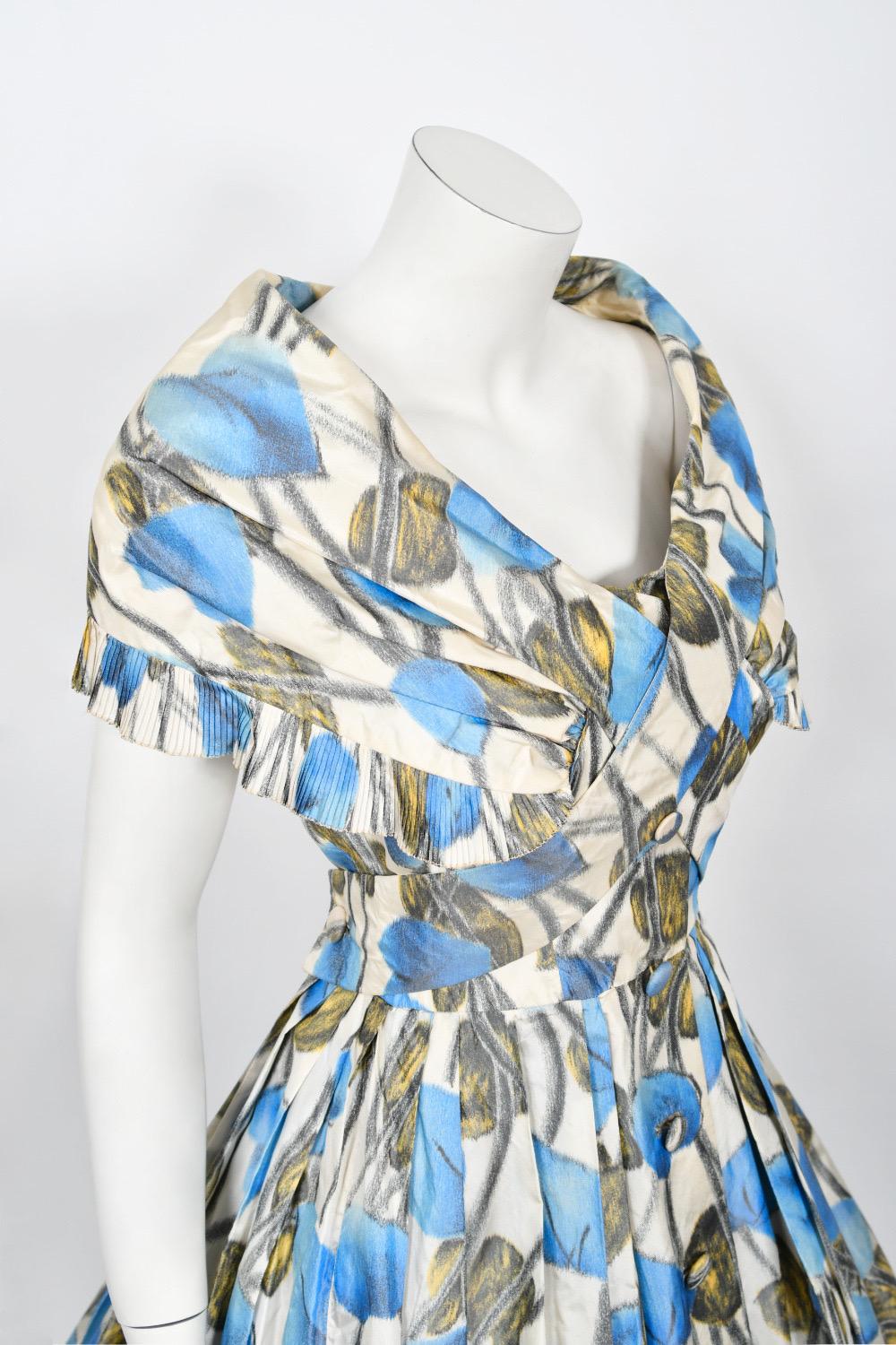 Women's Rare 1956 Christian Dior Couture Blue Floral Silk Portrait Collar New Look Dress For Sale