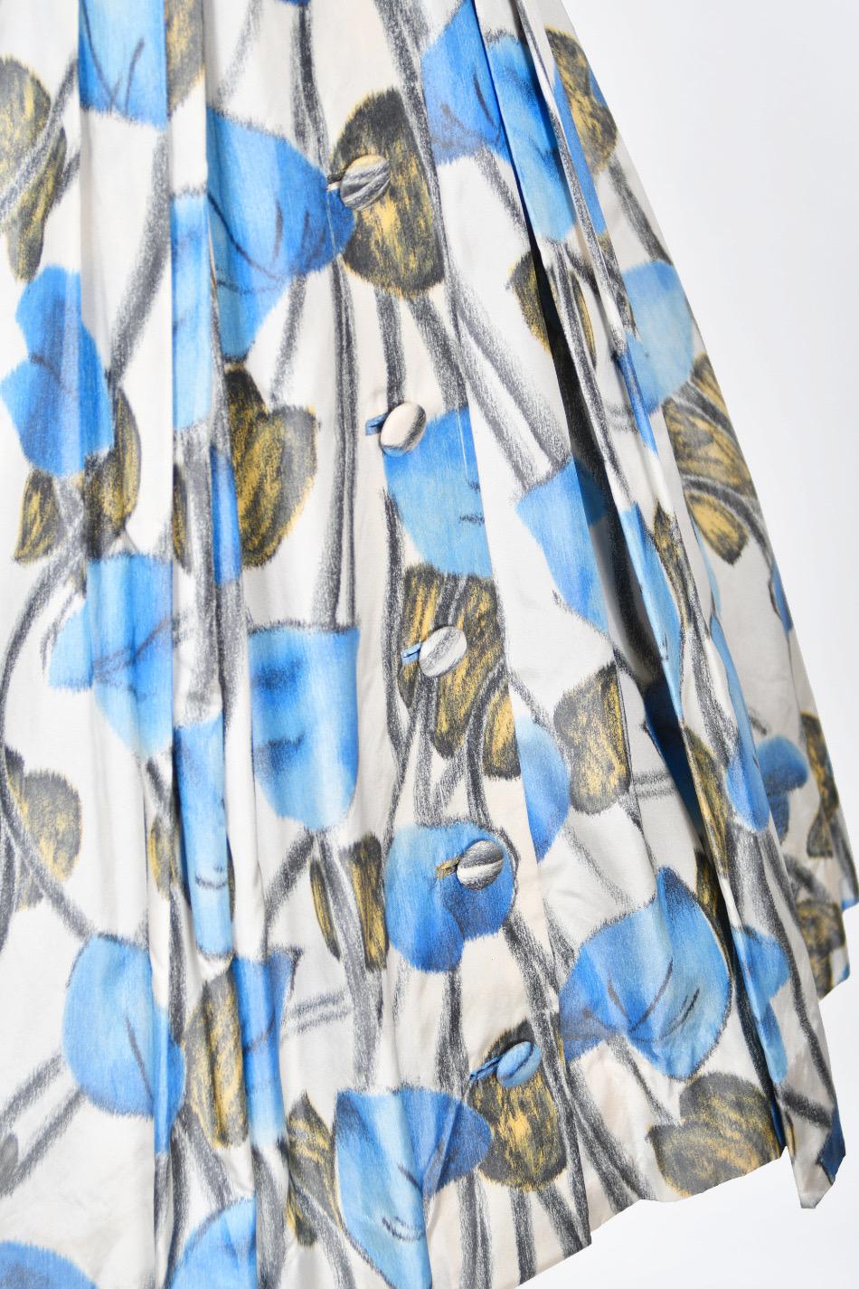 Rare 1956 Christian Dior Couture Blue Floral Silk Portrait Collar New Look Dress 2