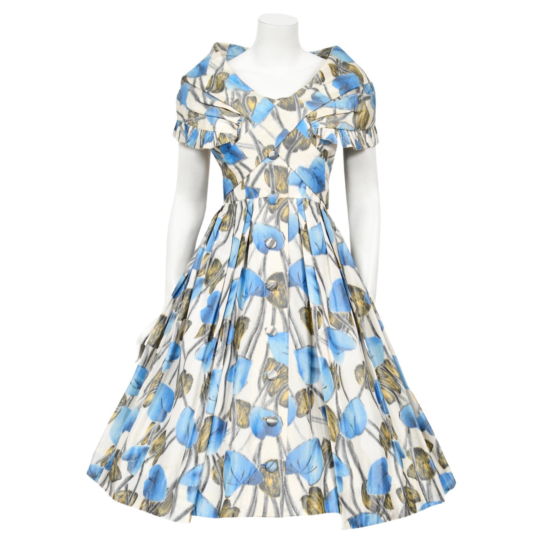 Rare 1956 Christian Dior Couture Blue Floral Silk Portrait Collar New Look Dress For Sale