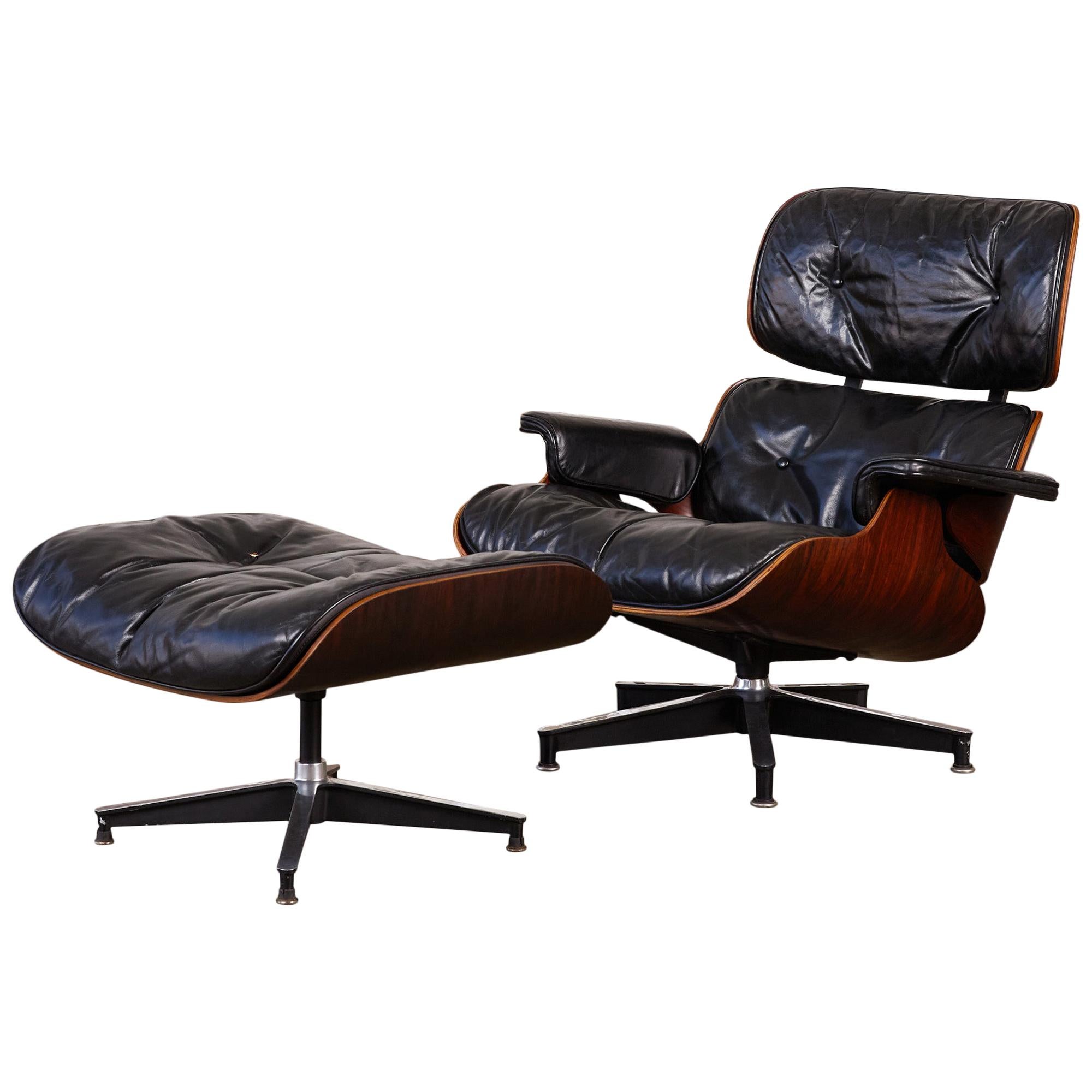 Rare 1956 First Year Production Eames Lounge Chair with Spinning Ottoman