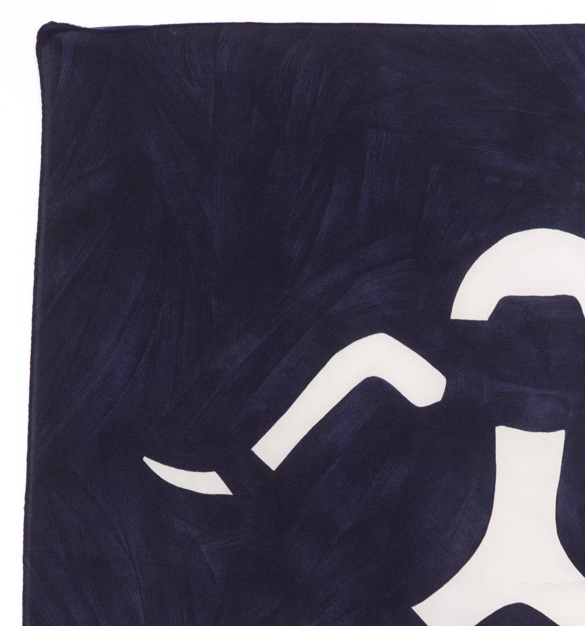 Rare 1960 Courreges navy silk scarf featuring an abstract articulated puppet, an irregular ground, a Courreges signature.
In Good vintage condition. Made in France.
29.5in. (75cm) X 29.5in. (75cm)
We guarantee you will receive this  iconic item as