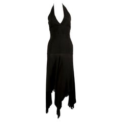 raro 1960's ALICE POLLOCK / QUORUM vestido negro de crepe musgo halter con flecos