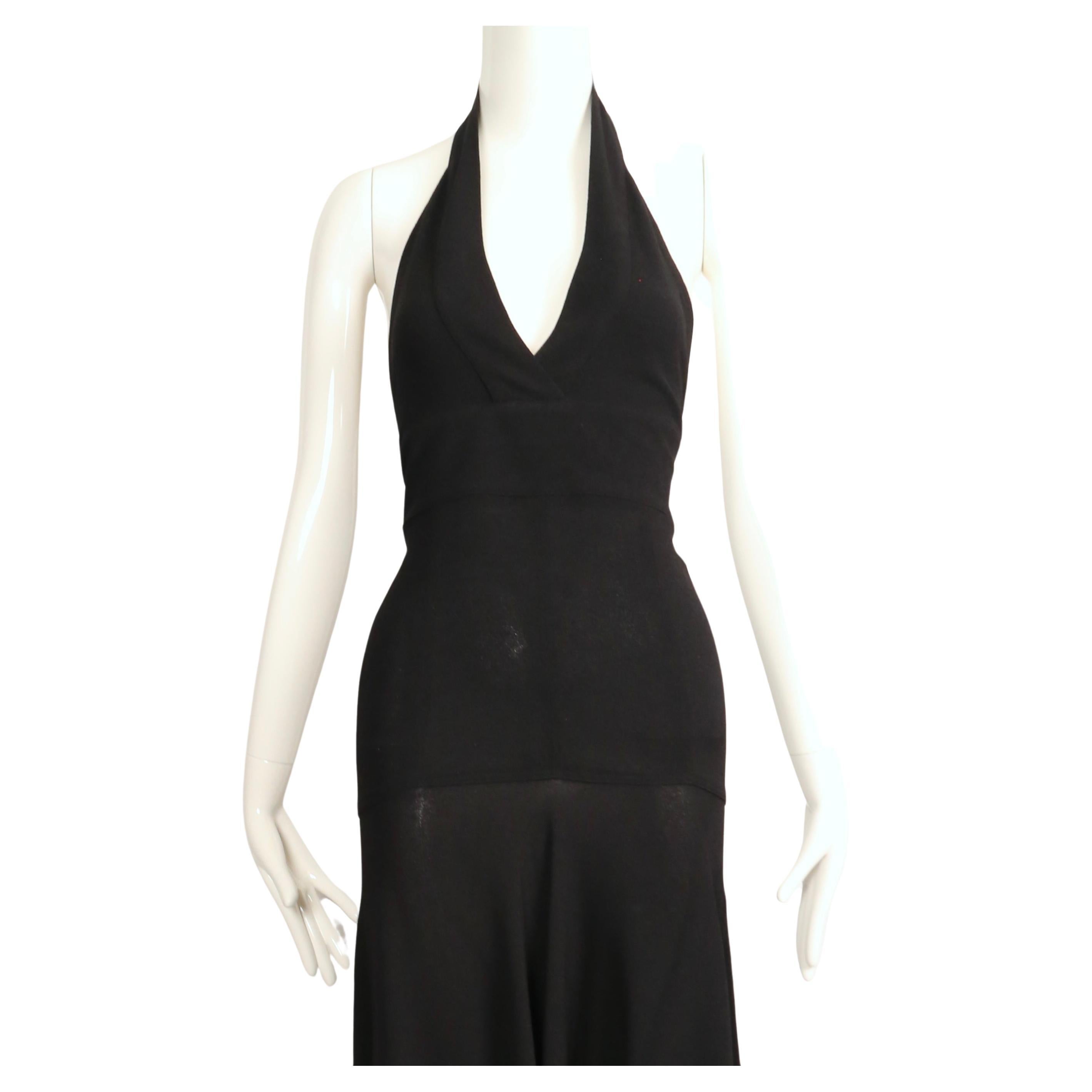 rare 1960's ALICE POLLOCK / QUORUM black moss crepe halter dress with fringe In Good Condition In San Fransisco, CA