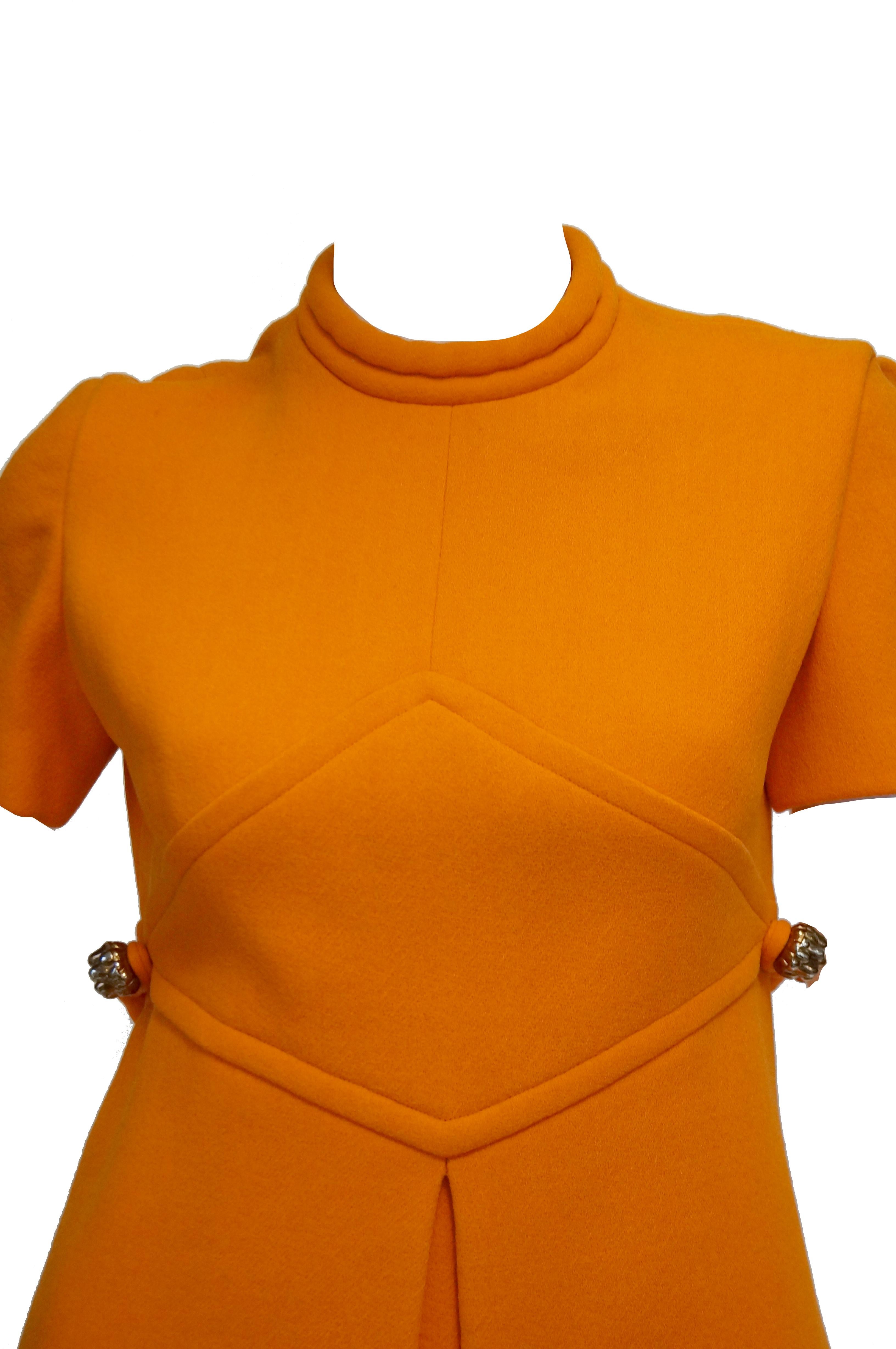 Women's or Men's Rare 1960s Bill Blass Orange Mod Mini Dress with Nugget Belt Detail