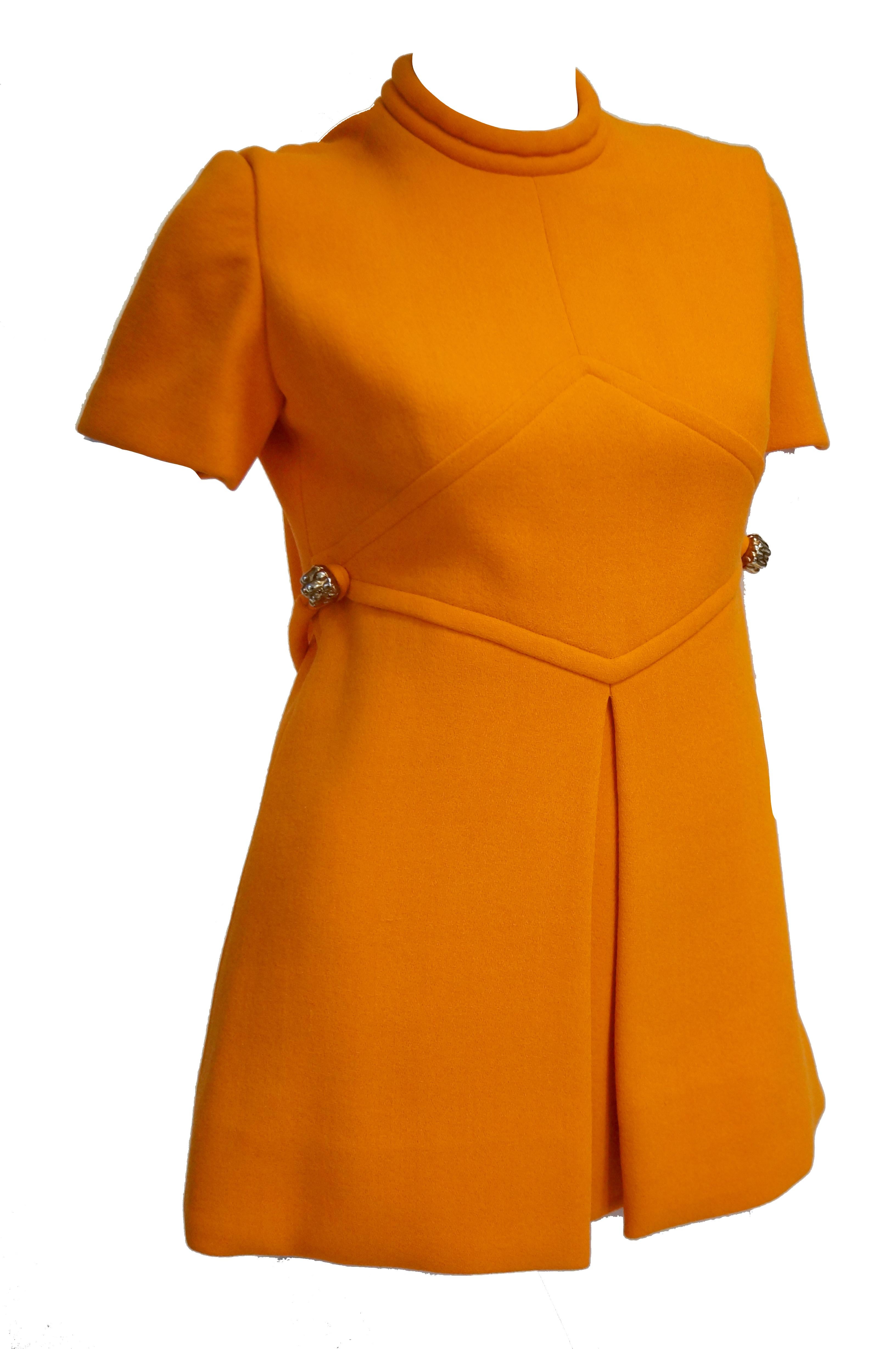 Rare 1960s Bill Blass Orange Mod Mini Dress with Nugget Belt Detail 2