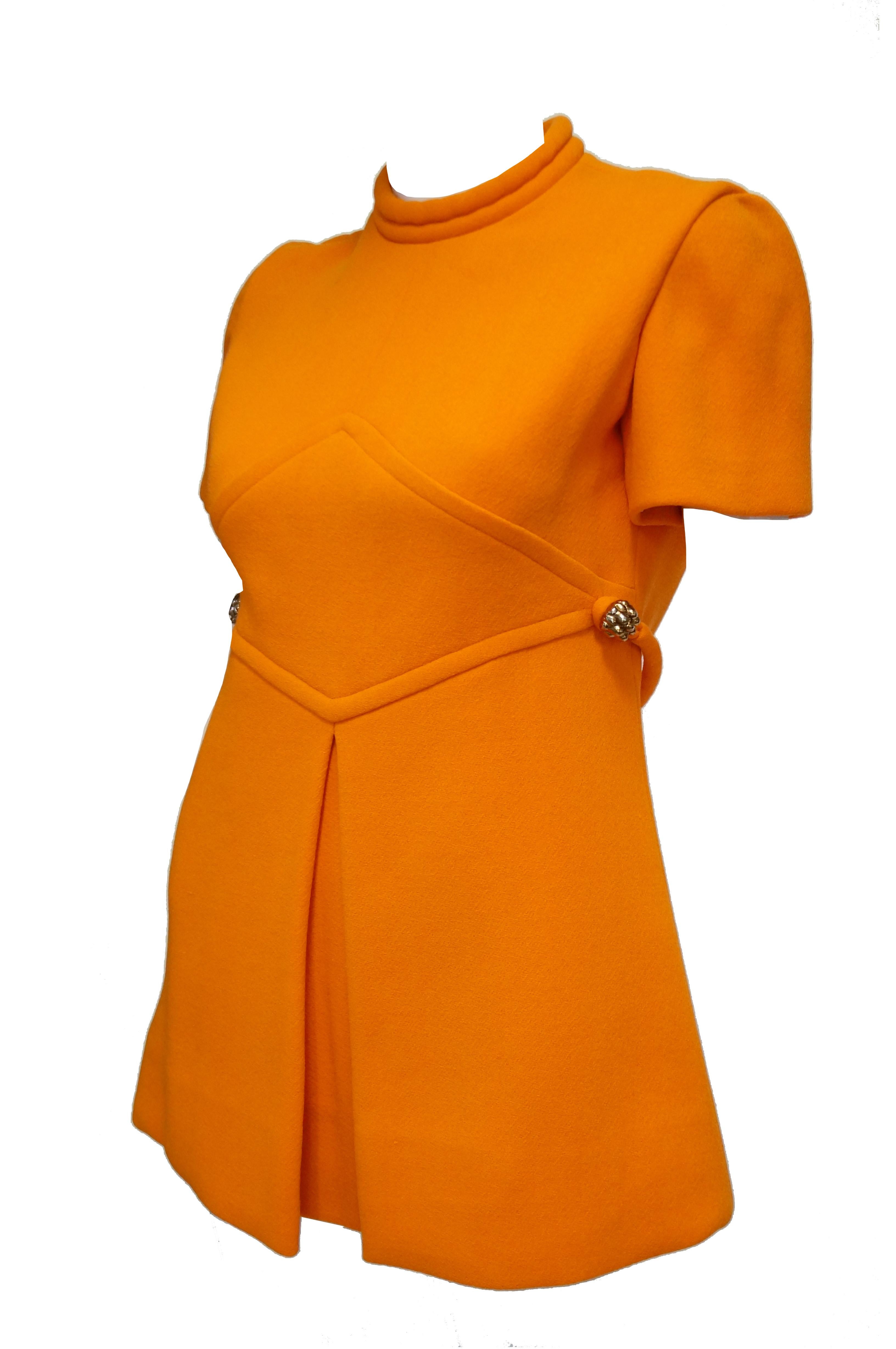 Rare 1960s Bill Blass Orange Mod Mini Dress with Nugget Belt Detail 3