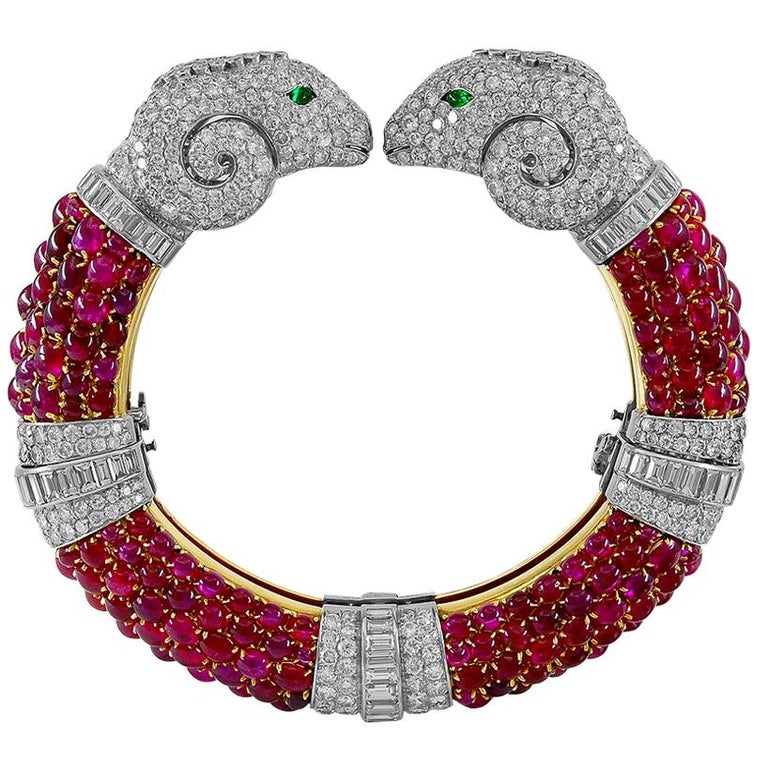 Bulgari Rome cabochon ruby and diamond double-ram’s-head bangle, 1960s
