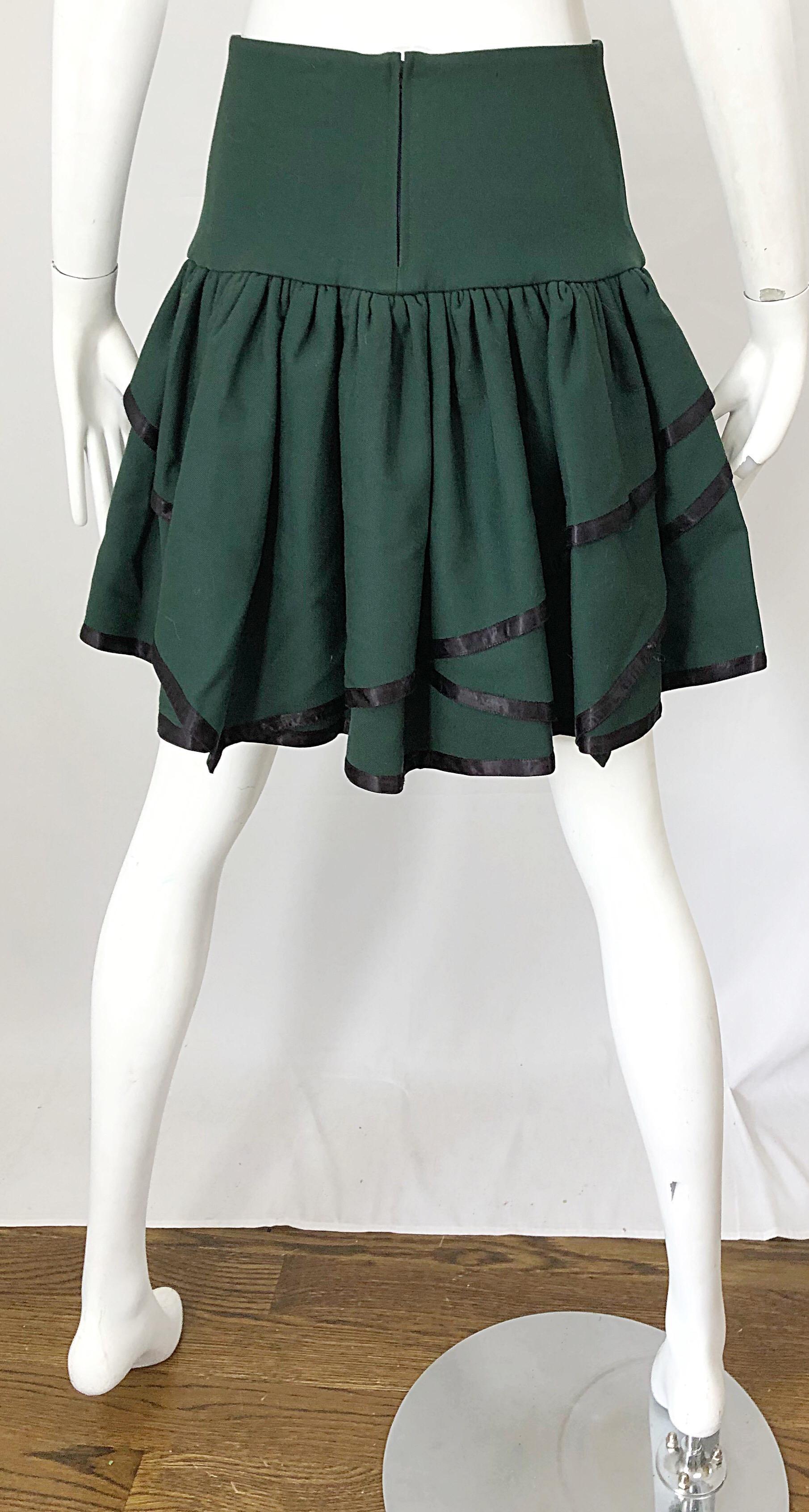Rare 1960s Cardinali Hunter Green Wool Handkerchief Hem Vintage 60s Mini Skirt For Sale 2