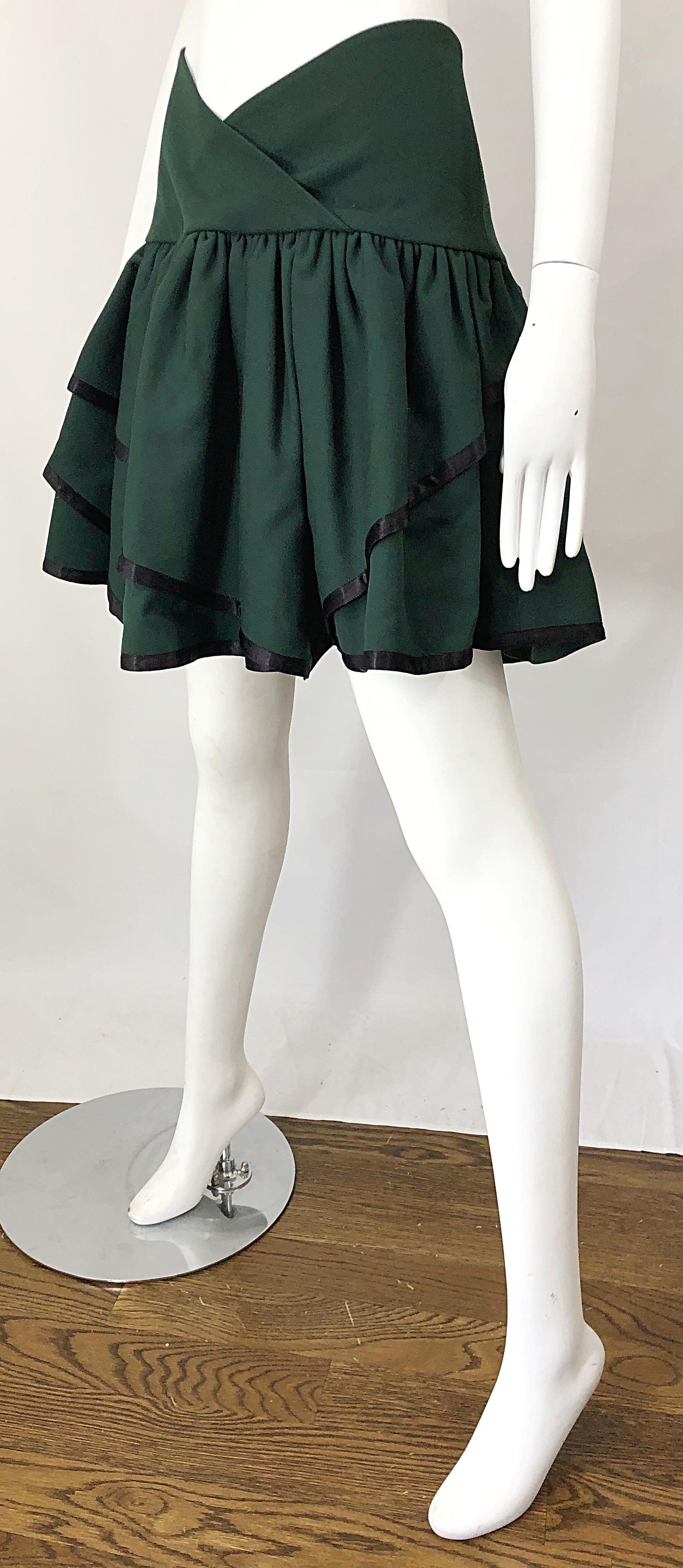 Rare 1960s Cardinali Hunter Green Wool Handkerchief Hem Vintage 60s Mini Skirt For Sale 3