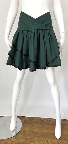Rare 1960s Cardinali Hunter Green Wool Handkerchief Hem Vintage 60s Mini Skirt