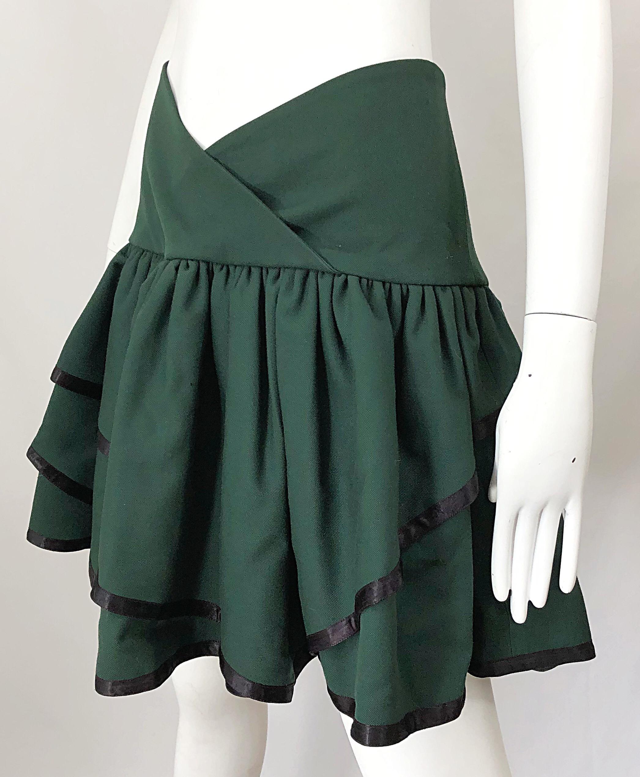 Rare 1960s Cardinali Hunter Green Wool Handkerchief Hem Vintage 60s Mini Skirt For Sale 1