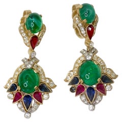 Rare 1960s Crown Trifari "Jewels Of India" Long Dangle Drop Moghul Earrings