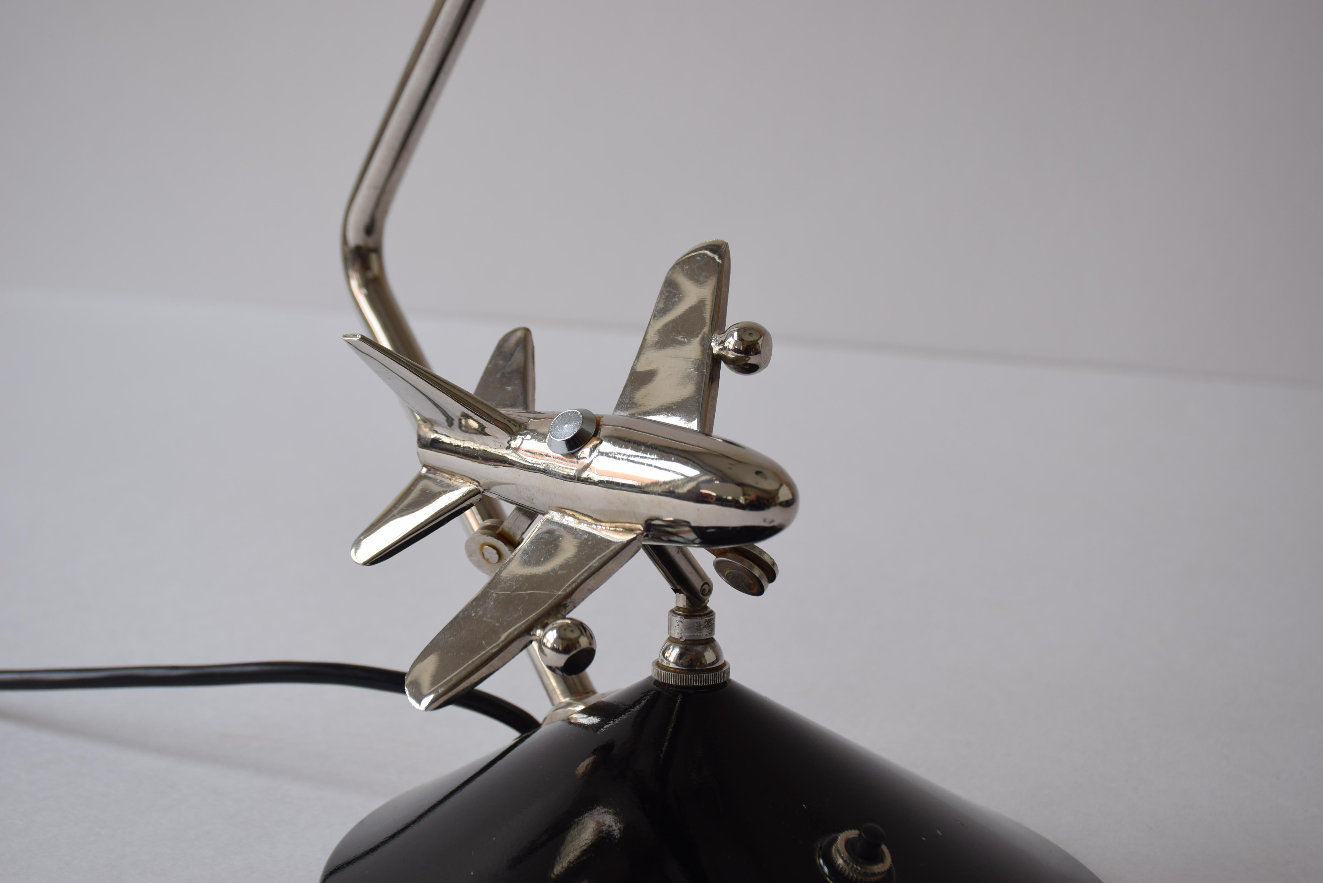 Rare 1960s Hala Zeist Desk Table Lamp Black Lacquer with Mobile Chrome Airplane For Sale 3