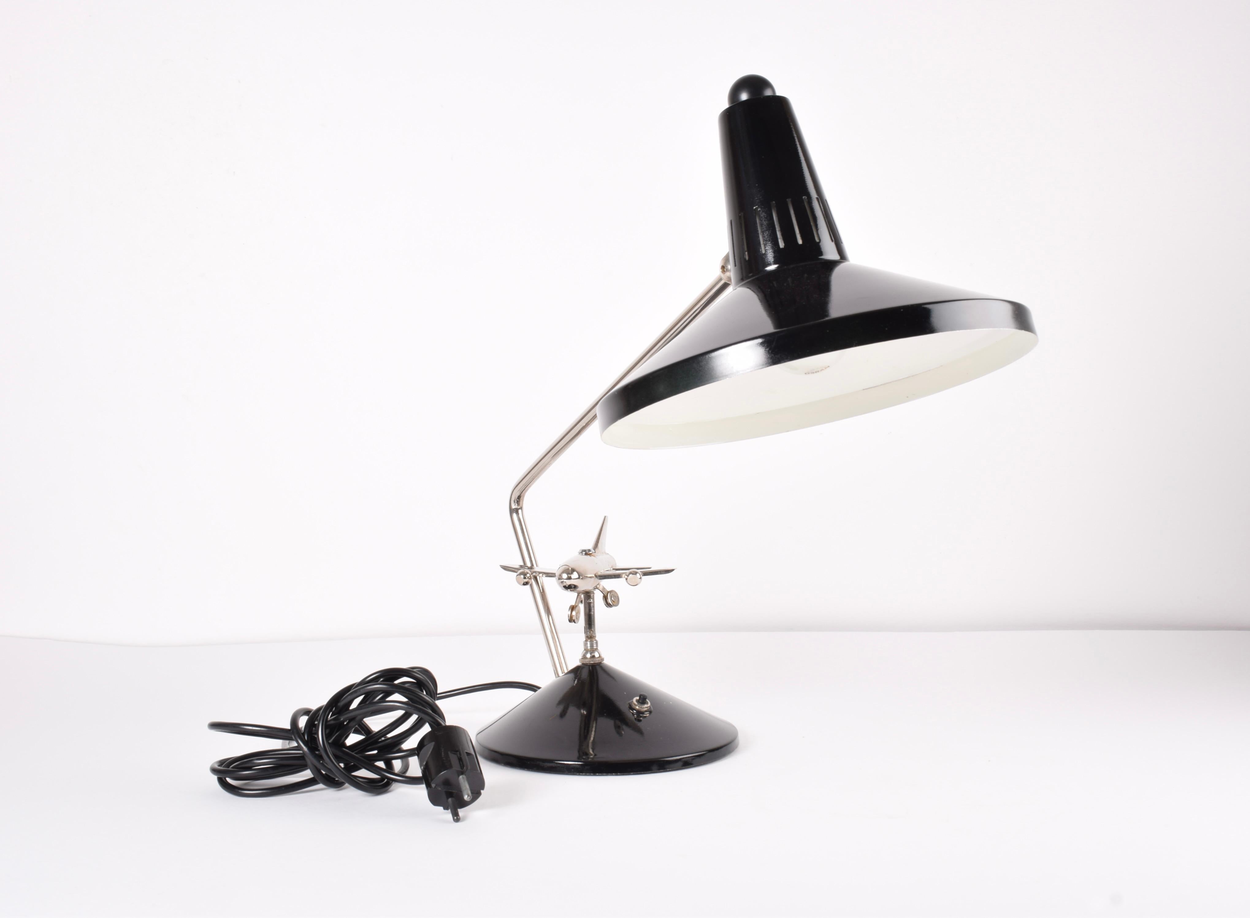 Rare 1960s Hala Zeist Desk Table Lamp Black Lacquer with Mobile Chrome Airplane For Sale 12