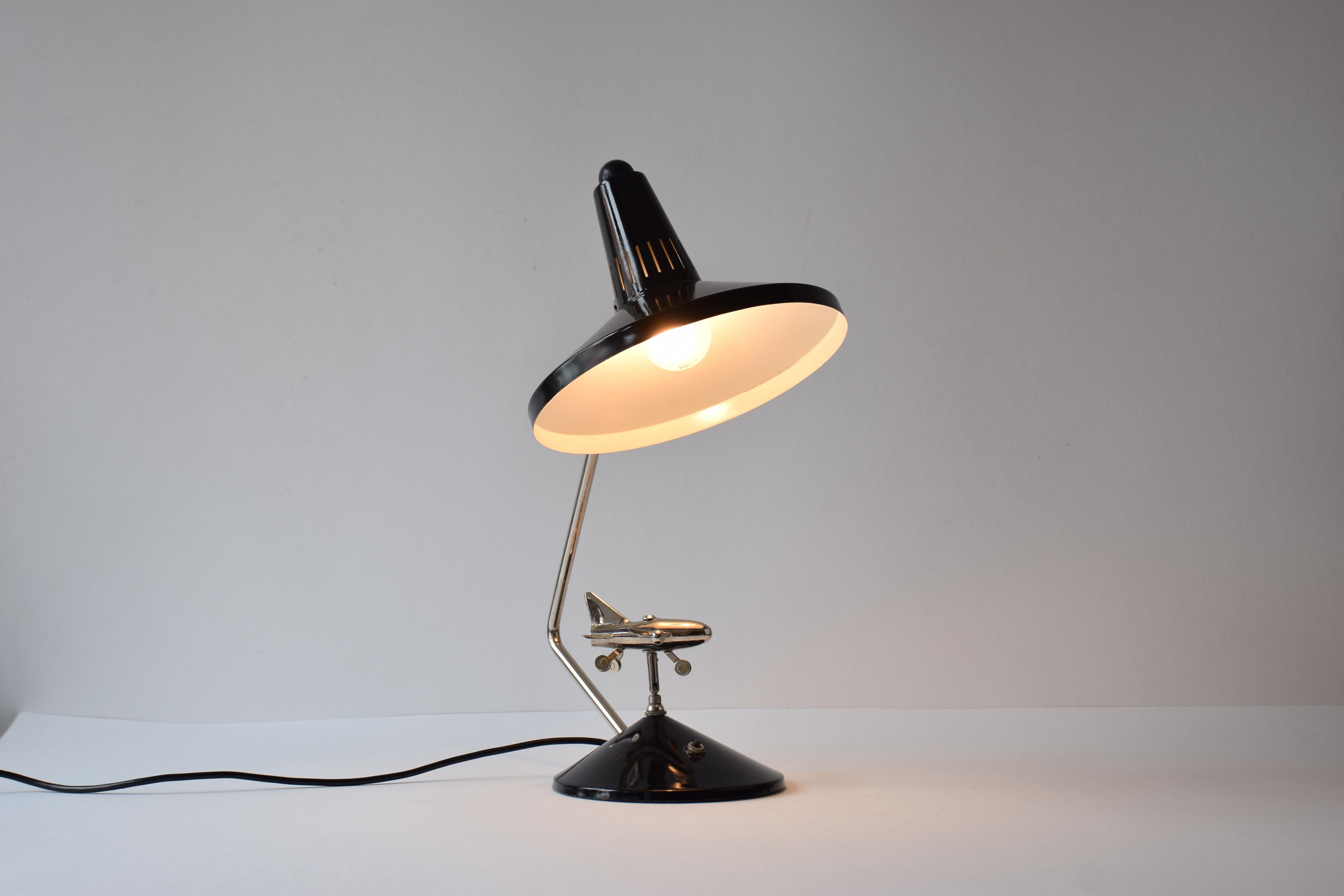 Futurist Rare 1960s Hala Zeist Desk Table Lamp Black Lacquer with Mobile Chrome Airplane For Sale