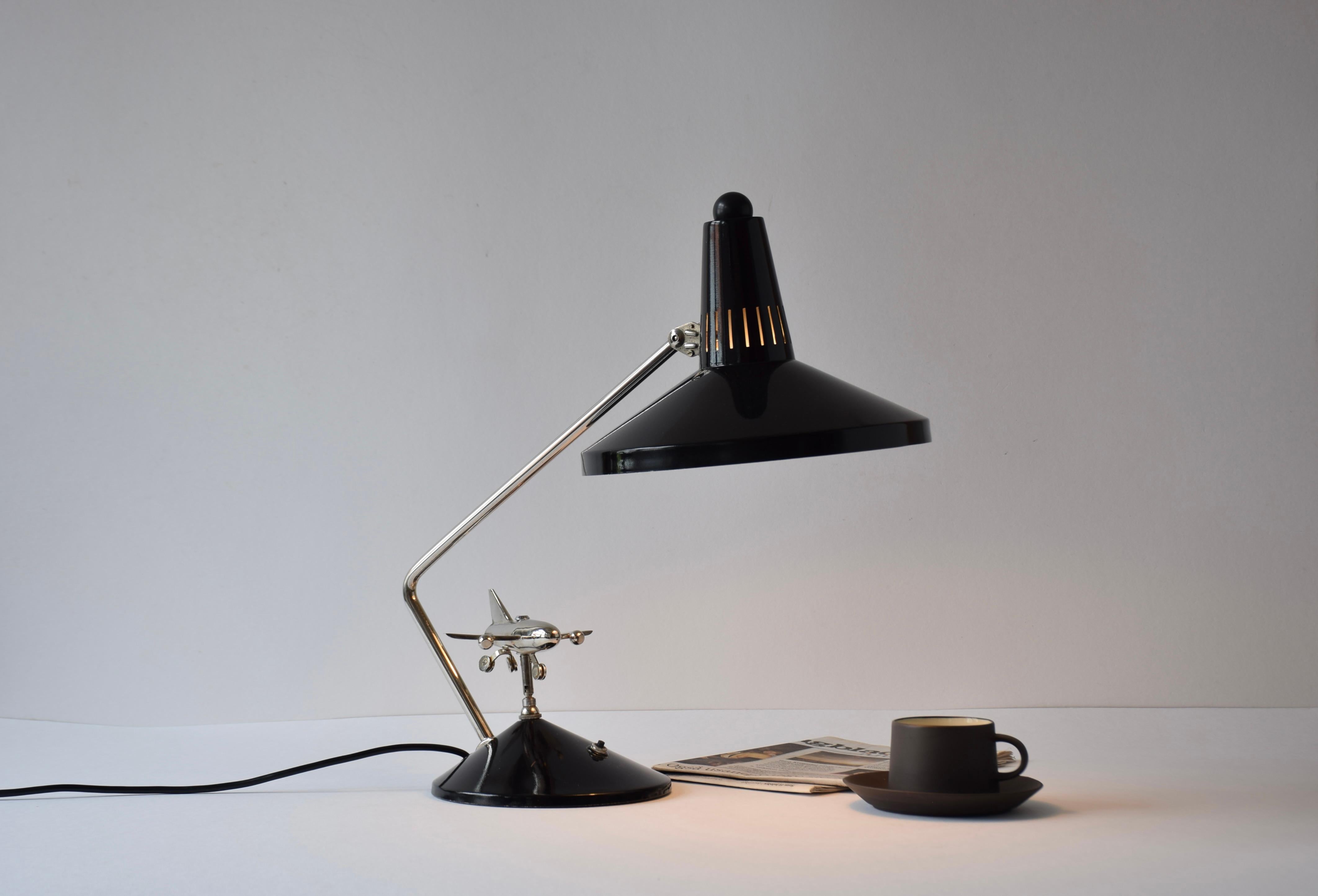 German Rare 1960s Hala Zeist Desk Table Lamp Black Lacquer with Mobile Chrome Airplane For Sale