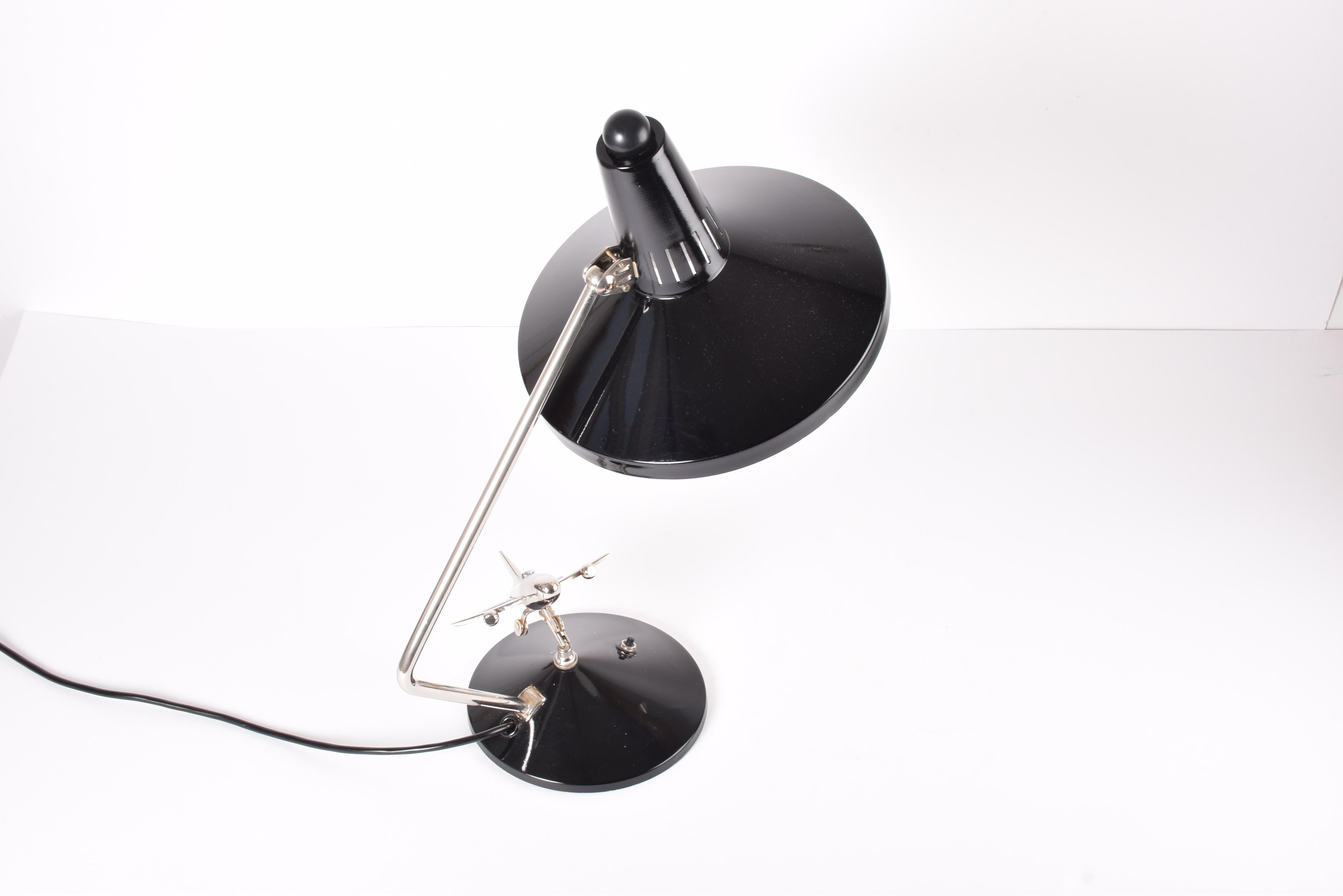Mid-20th Century Rare 1960s Hala Zeist Desk Table Lamp Black Lacquer with Mobile Chrome Airplane For Sale