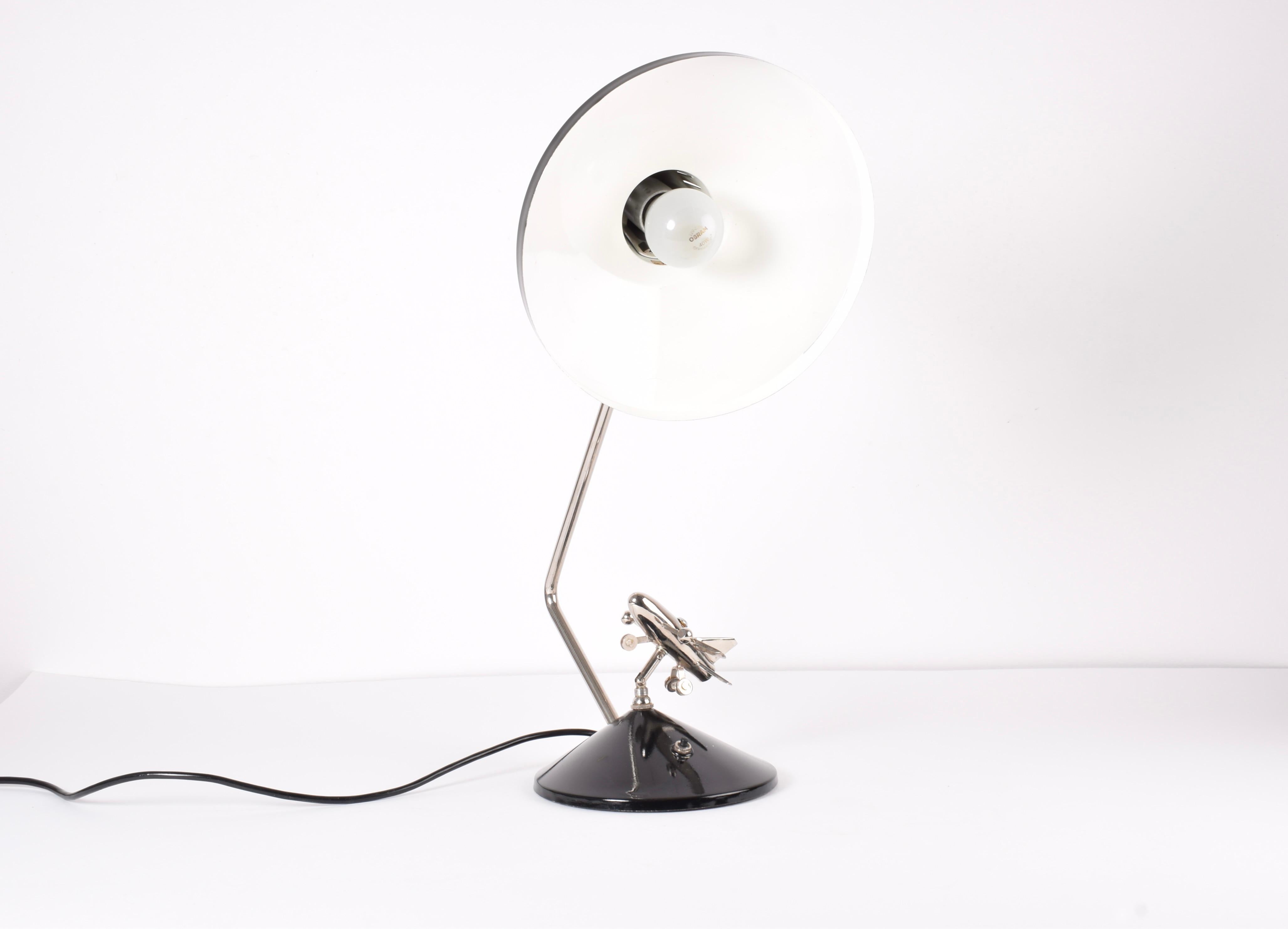 Metal Rare 1960s Hala Zeist Desk Table Lamp Black Lacquer with Mobile Chrome Airplane For Sale