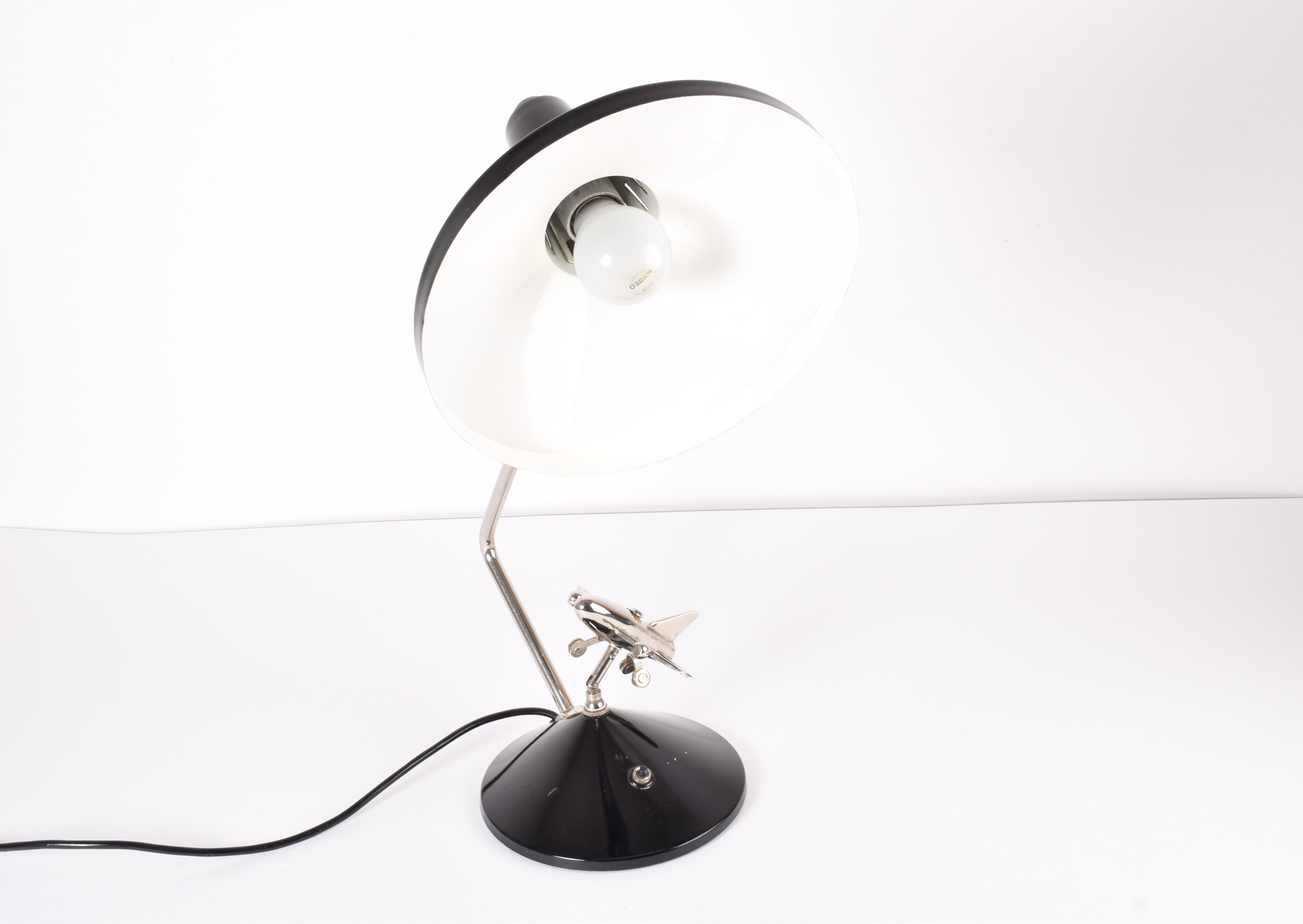 Rare 1960s Hala Zeist Desk Table Lamp Black Lacquer with Mobile Chrome Airplane For Sale 1