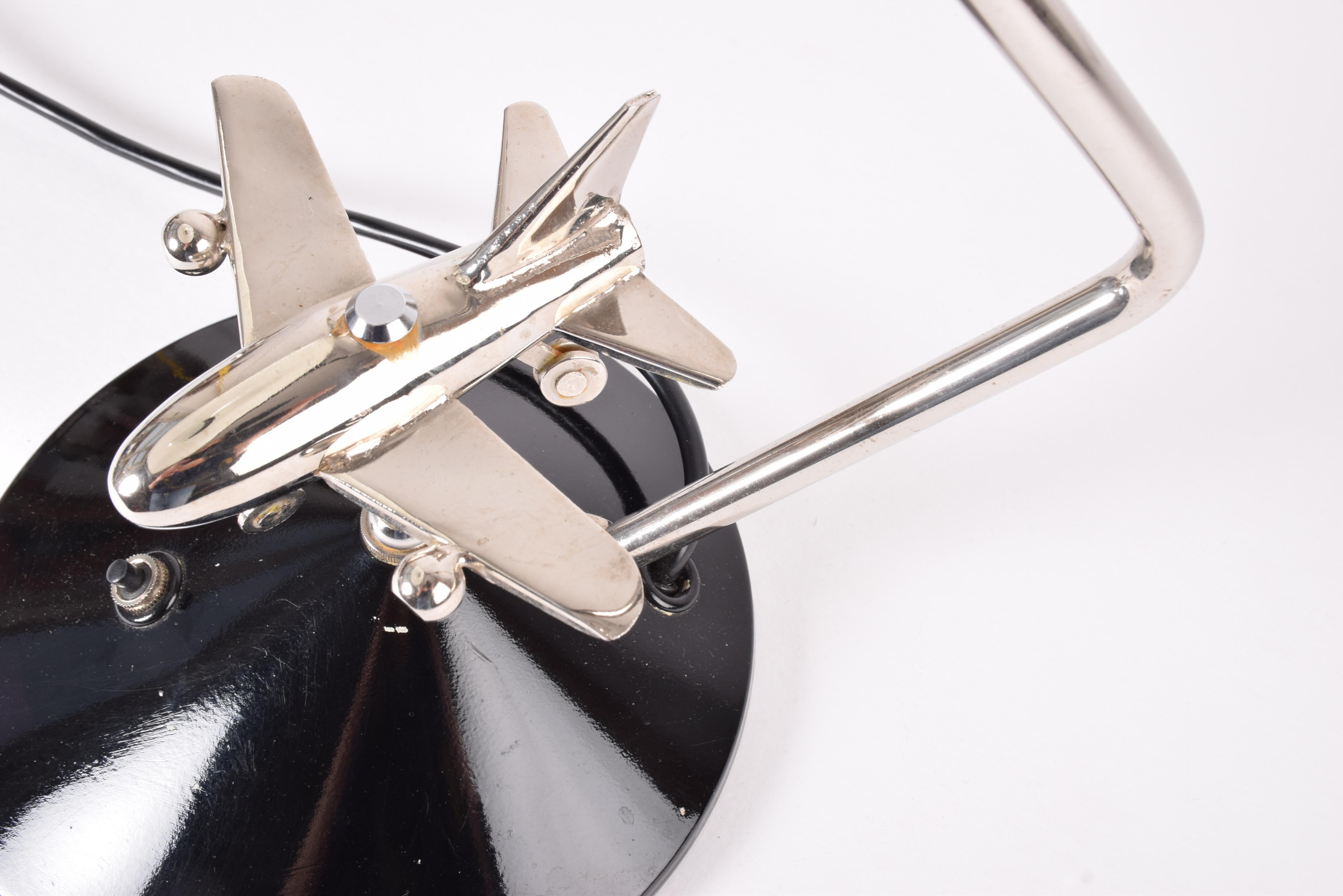 Rare 1960s Hala Zeist Desk Table Lamp Black Lacquer with Mobile Chrome Airplane For Sale 2