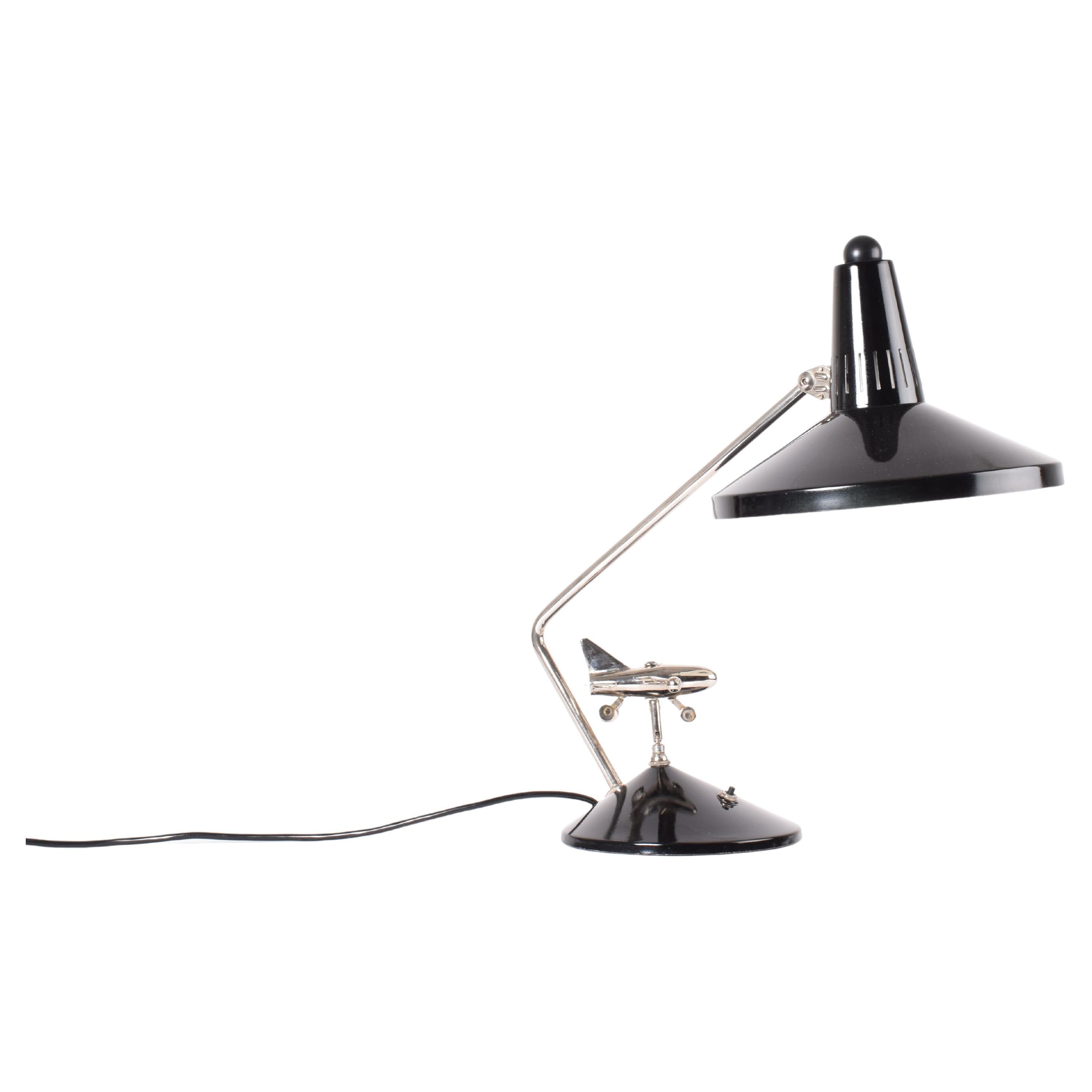 Rare 1960s Hala Zeist Desk Table Lamp Black Lacquer with Mobile Chrome Airplane