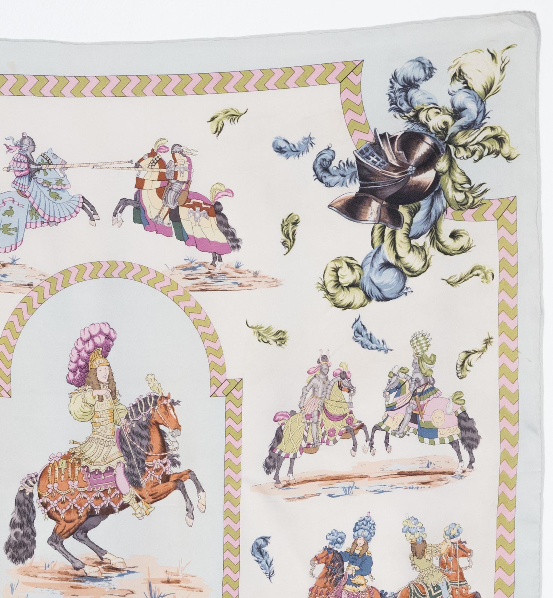 Gray Rare 1960s Hermes Tournois et Carrousels by Philippe Ledoux Silk Scarf