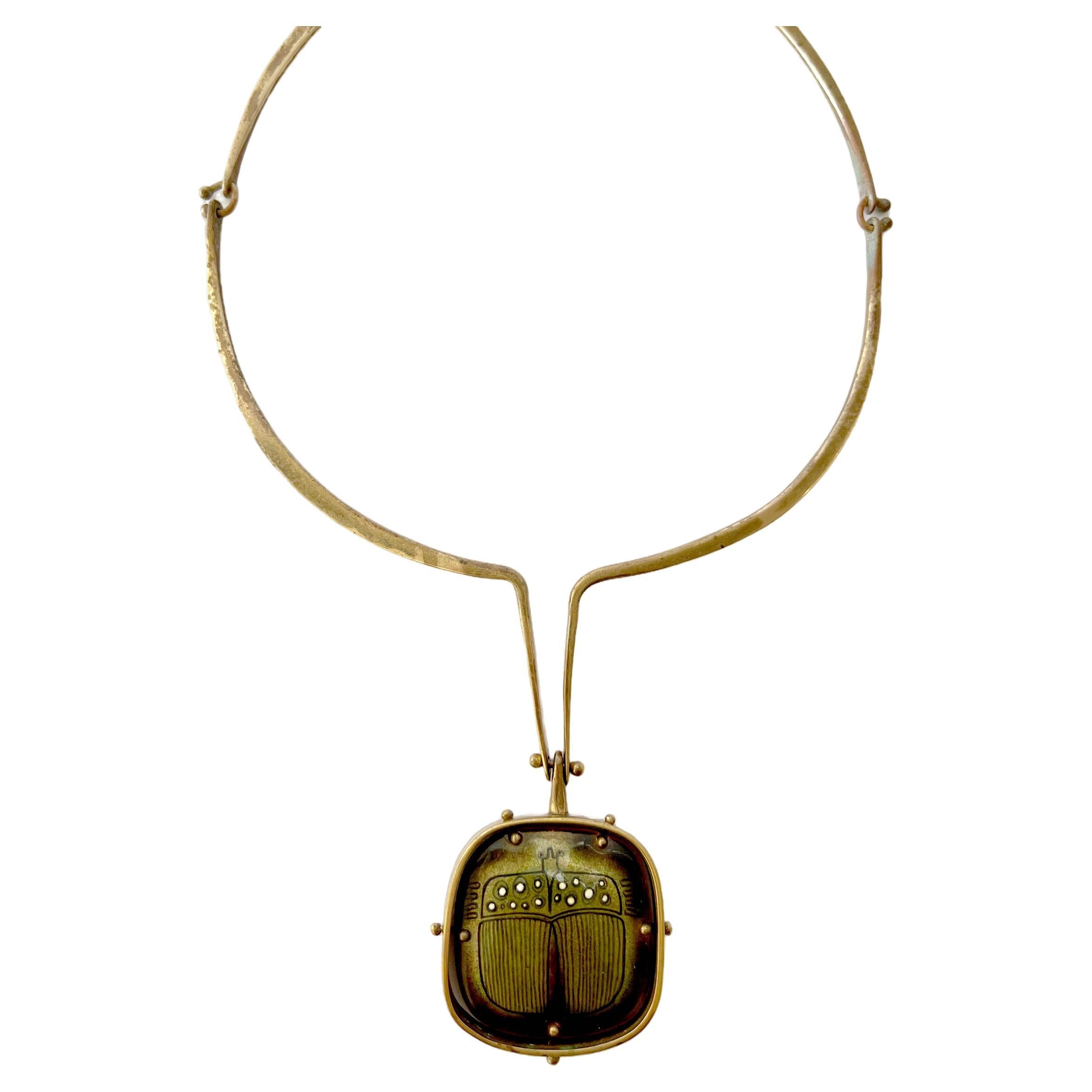 Rare 1960s Jack Boyd San Diego Modernist Bronze Enamel Scarab Necklace  In Good Condition In Palm Springs, CA