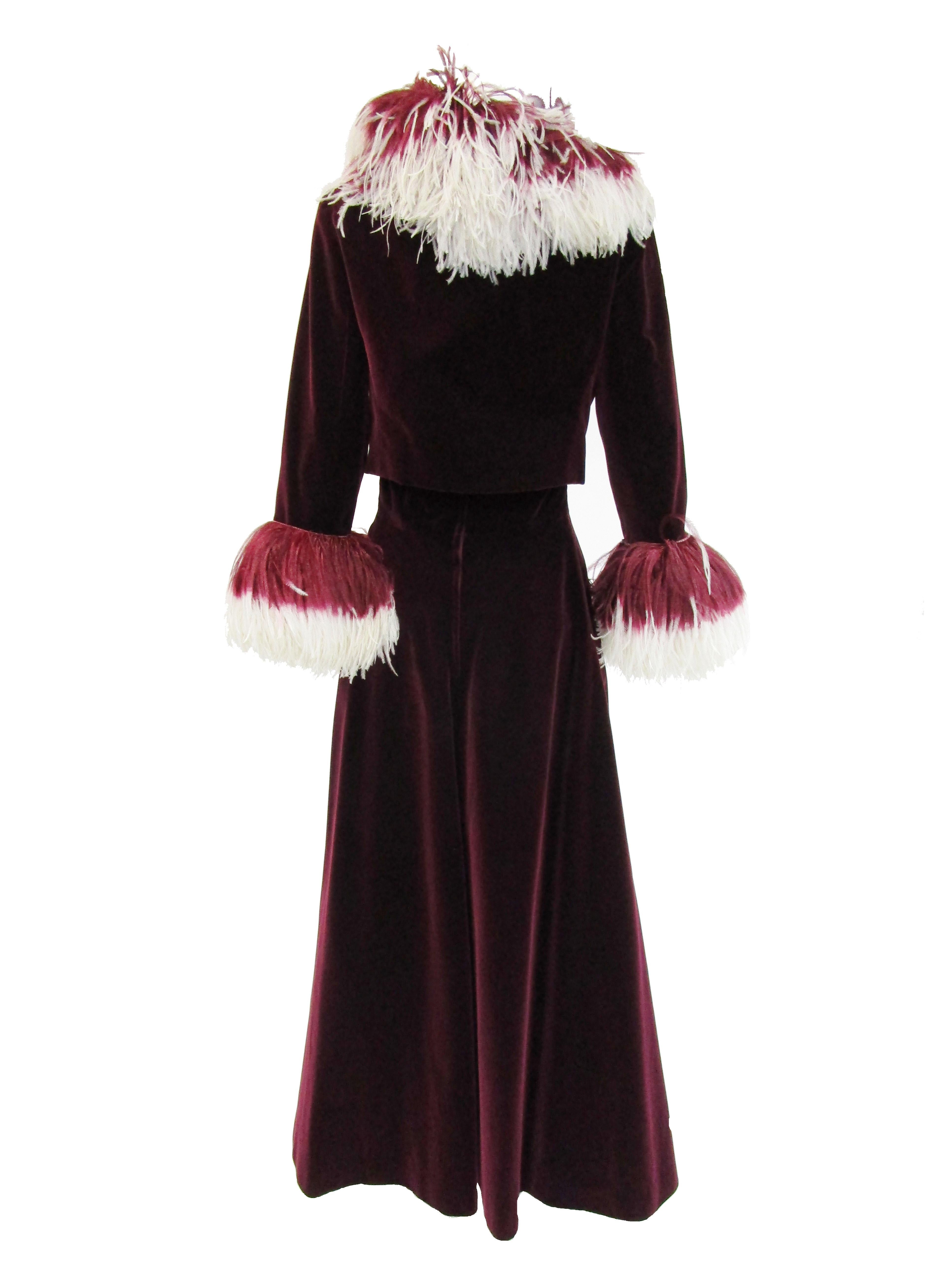 Rare 1960s Jean Louis Couture Wine Velvet Evening Ensemble w/ Ombre Feathers  In Good Condition In Houston, TX