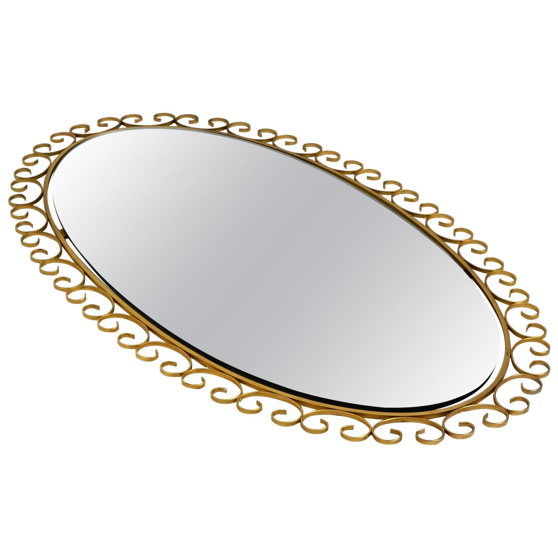 Rare 1960s Large Oval Sunburst Wall Mirror Made of Metal in Brass Anodized