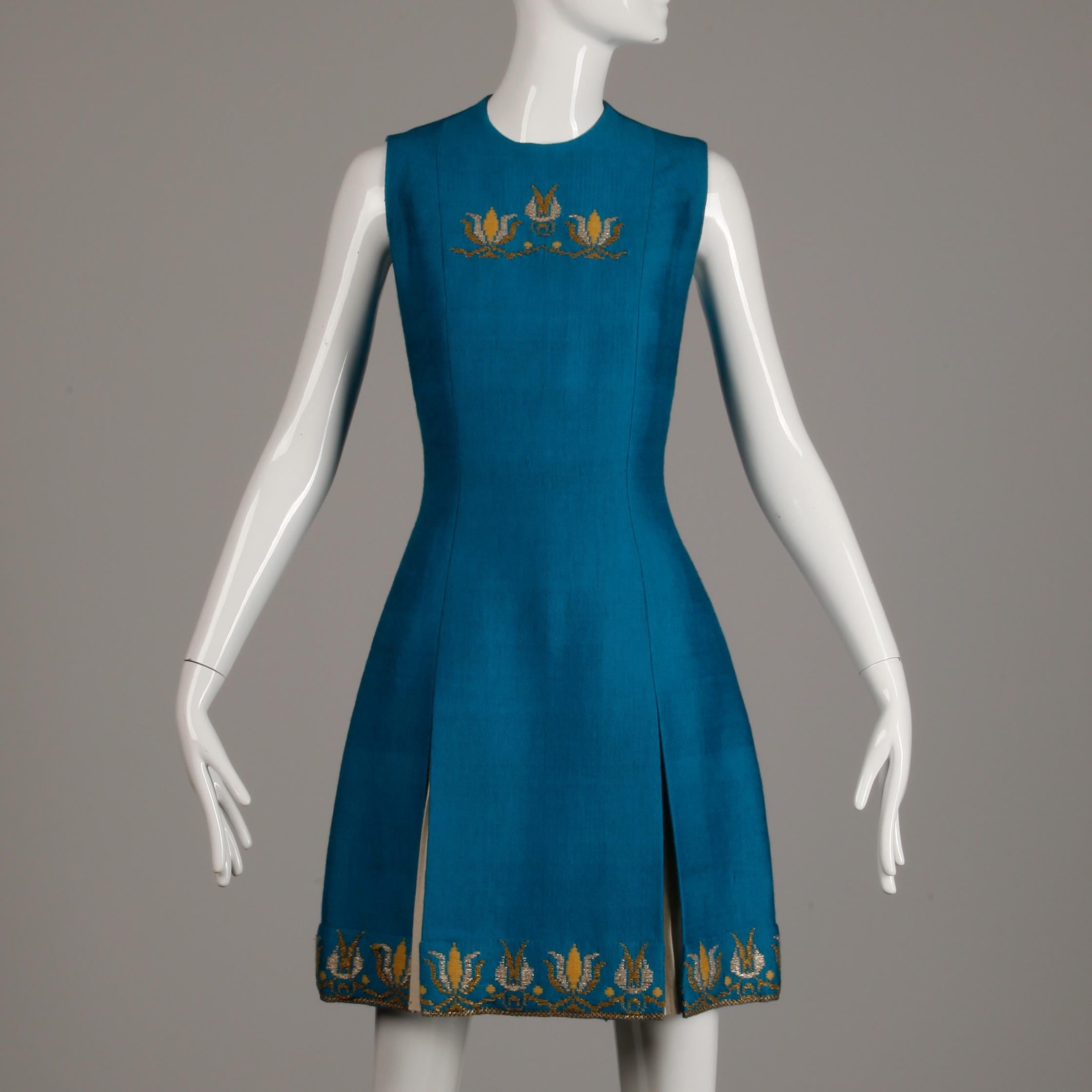 Rare 1960s Nikos-Takis Vintage Blue Shift Dress with Hand Embroidered Tulips For Sale 1