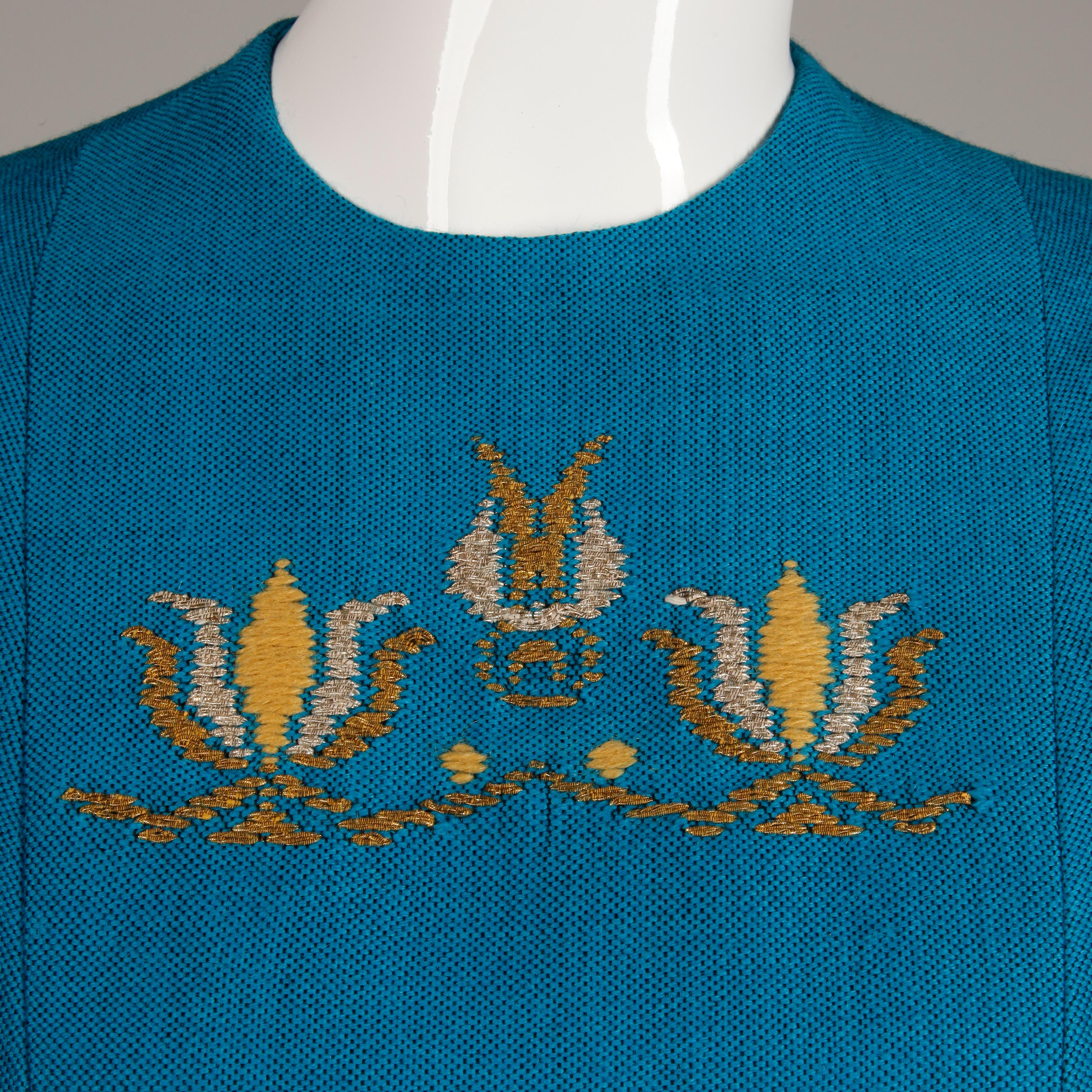 Rare 1960s Nikos-Takis Vintage Blue Shift Dress with Hand Embroidered Tulips For Sale 2