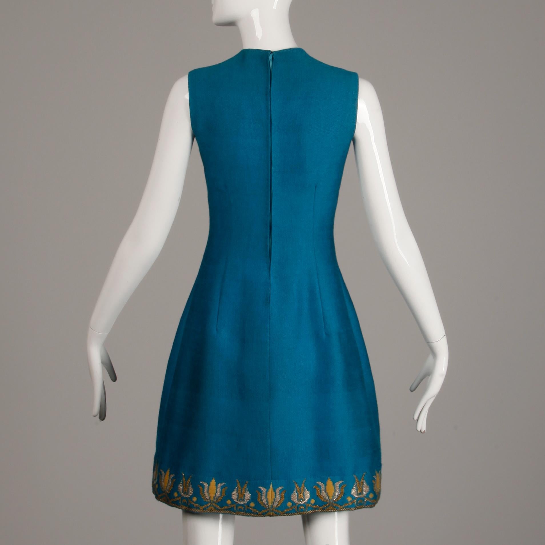 Rare 1960s Nikos-Takis Vintage Blue Shift Dress with Hand Embroidered Tulips For Sale 3