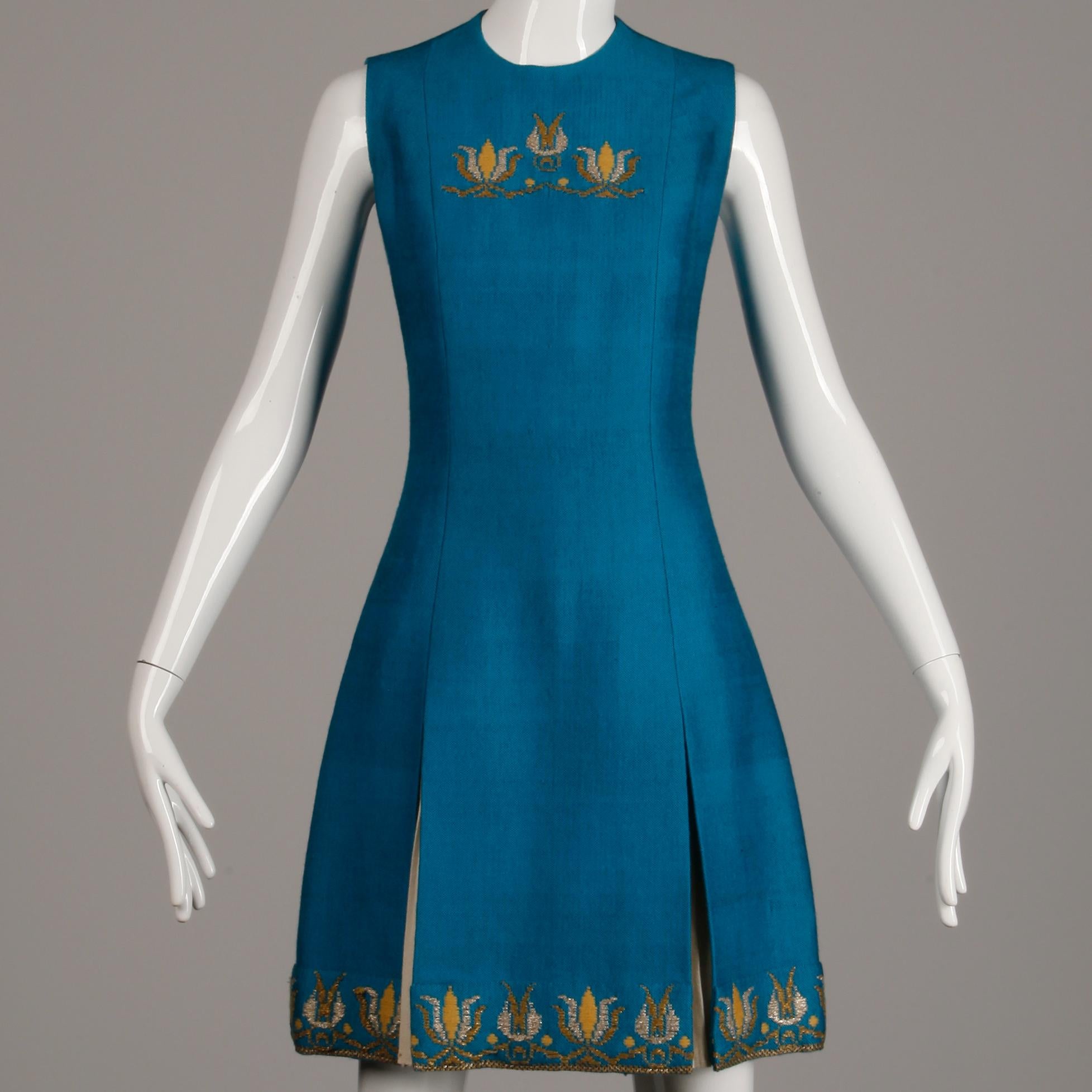 Rare 1960s Nikos-Takis Vintage Blue Shift Dress with Hand Embroidered Tulips For Sale 4