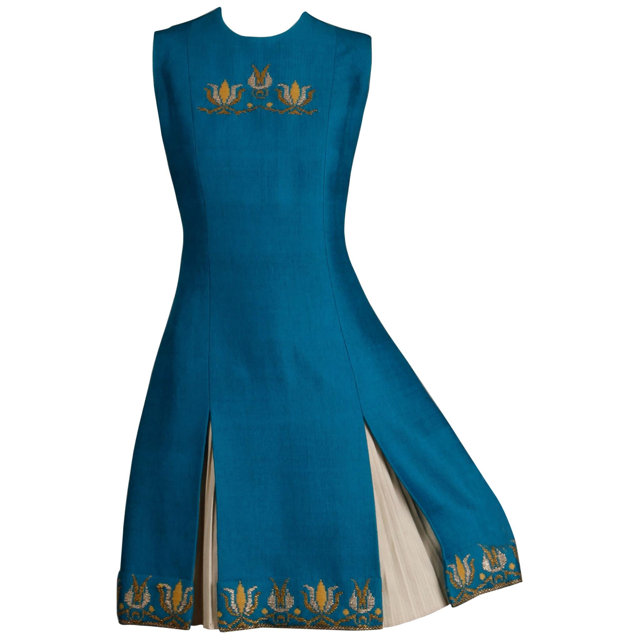 Rare 1960s Nikos-Takis Vintage Blue Shift Dress with Hand Embroidered Tulips For Sale