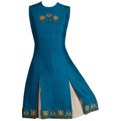 Rare 1960s Nikos-Takis Vintage Blue Shift Dress with Hand Embroidered Tulips