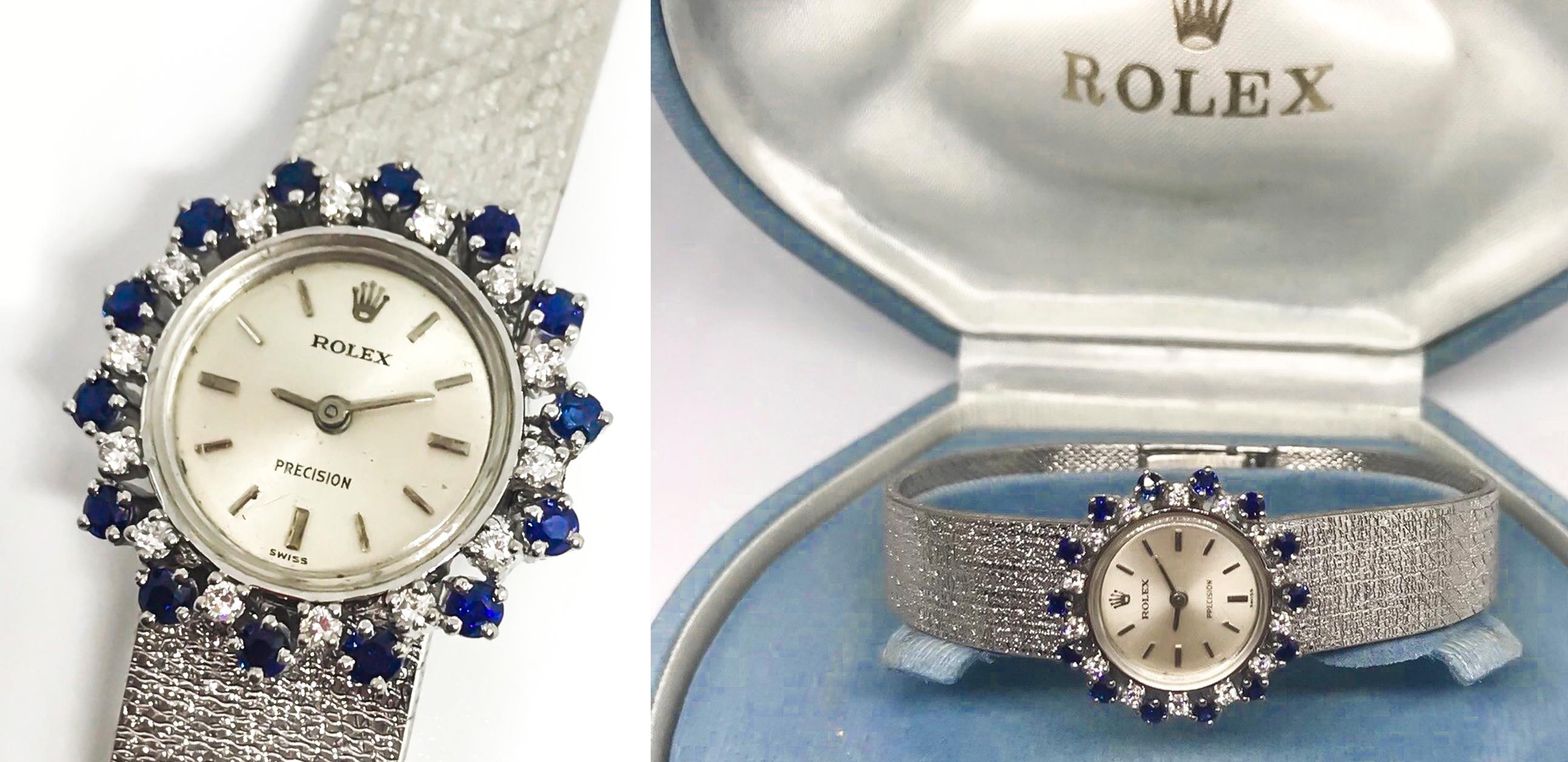 The present timepiece, a 1960s Rolex Sapphire 18 Kt White Gold Wristwatch with original presentation box is in excellent working condition. The watch is fully signed & hallmarked throughout the case, dial & movement. During this time period Rolex
