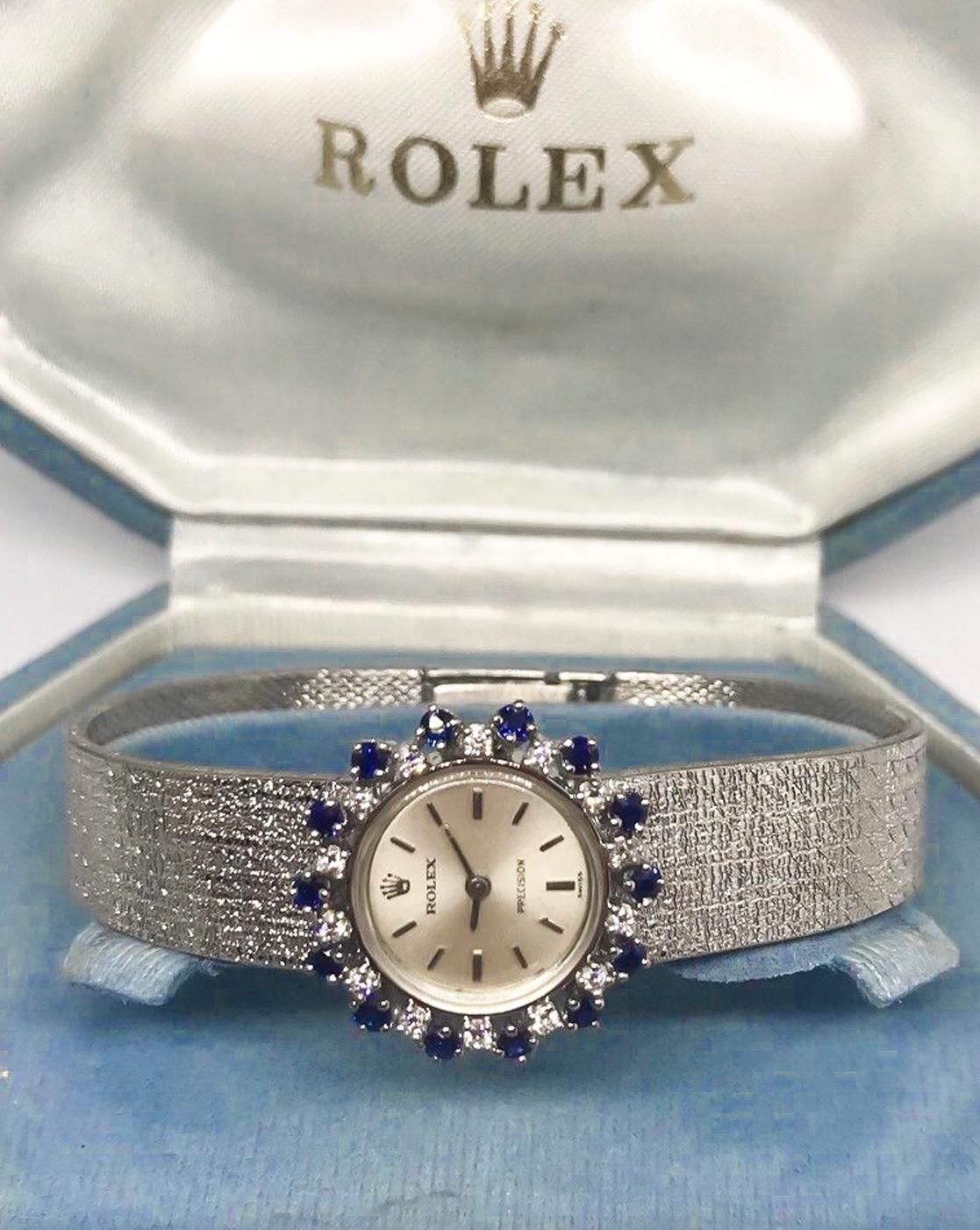 Rare 1960s Rolex 18 Karat White Gold Sapphire Diamond Wristwatch with Box im Zustand „Hervorragend“ in New york, NY