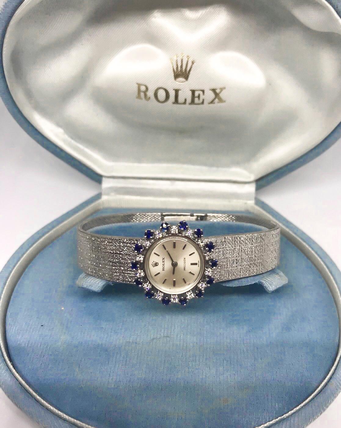 Rare 1960s Rolex 18 Karat White Gold Sapphire Diamond Wristwatch with Box für Damen oder Herren