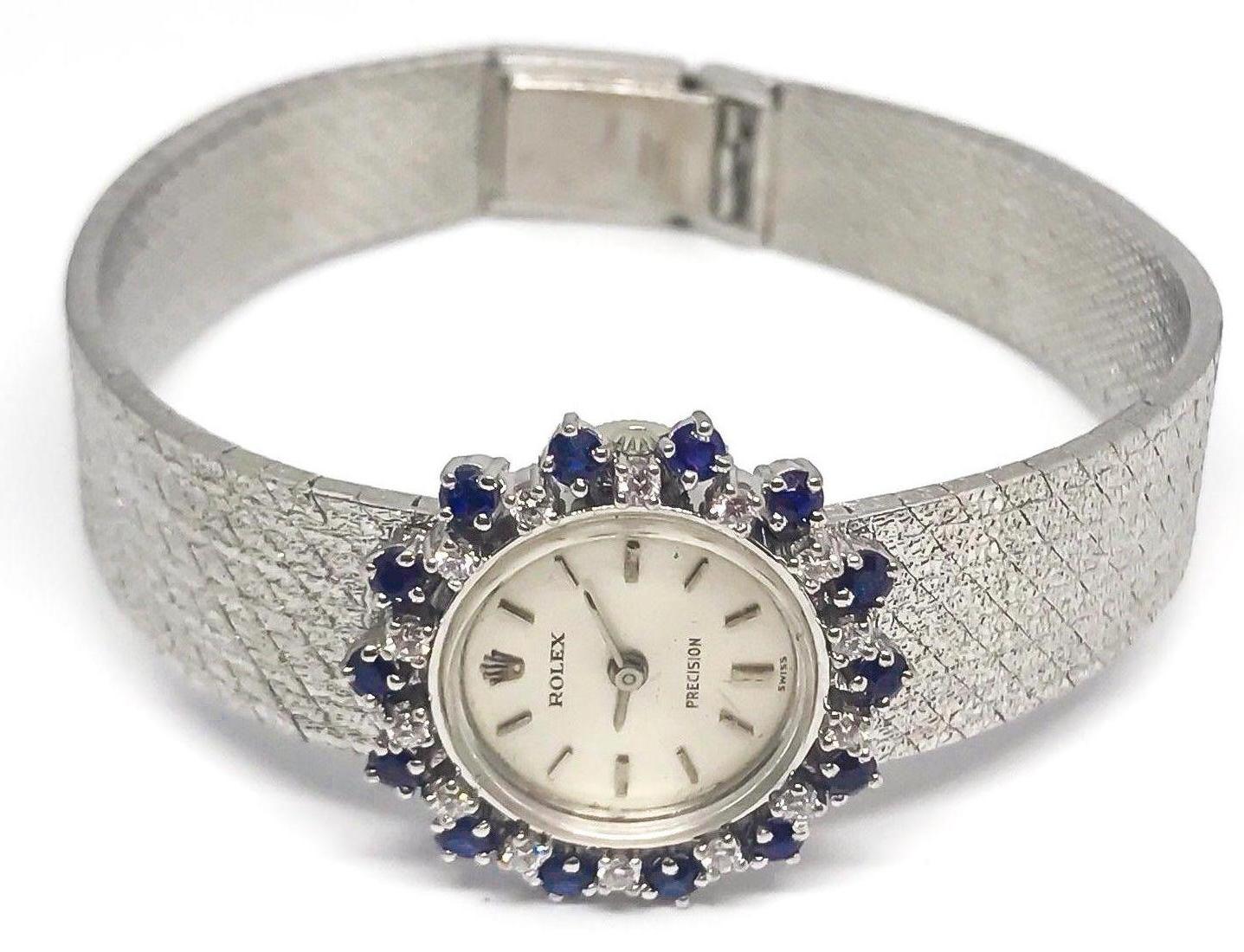 Rare 1960s Rolex 18 Karat White Gold Sapphire Diamond Wristwatch with Box 1