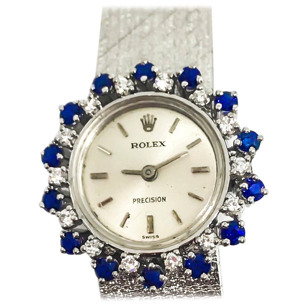 Rare 1960s Rolex 18 Karat White Gold Sapphire Diamond Wristwatch with Box