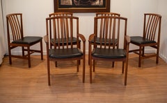 Rare 1960s Set of 6 DUX Dining Chairs 2 Arm 4 Side Walnut & Black Leather