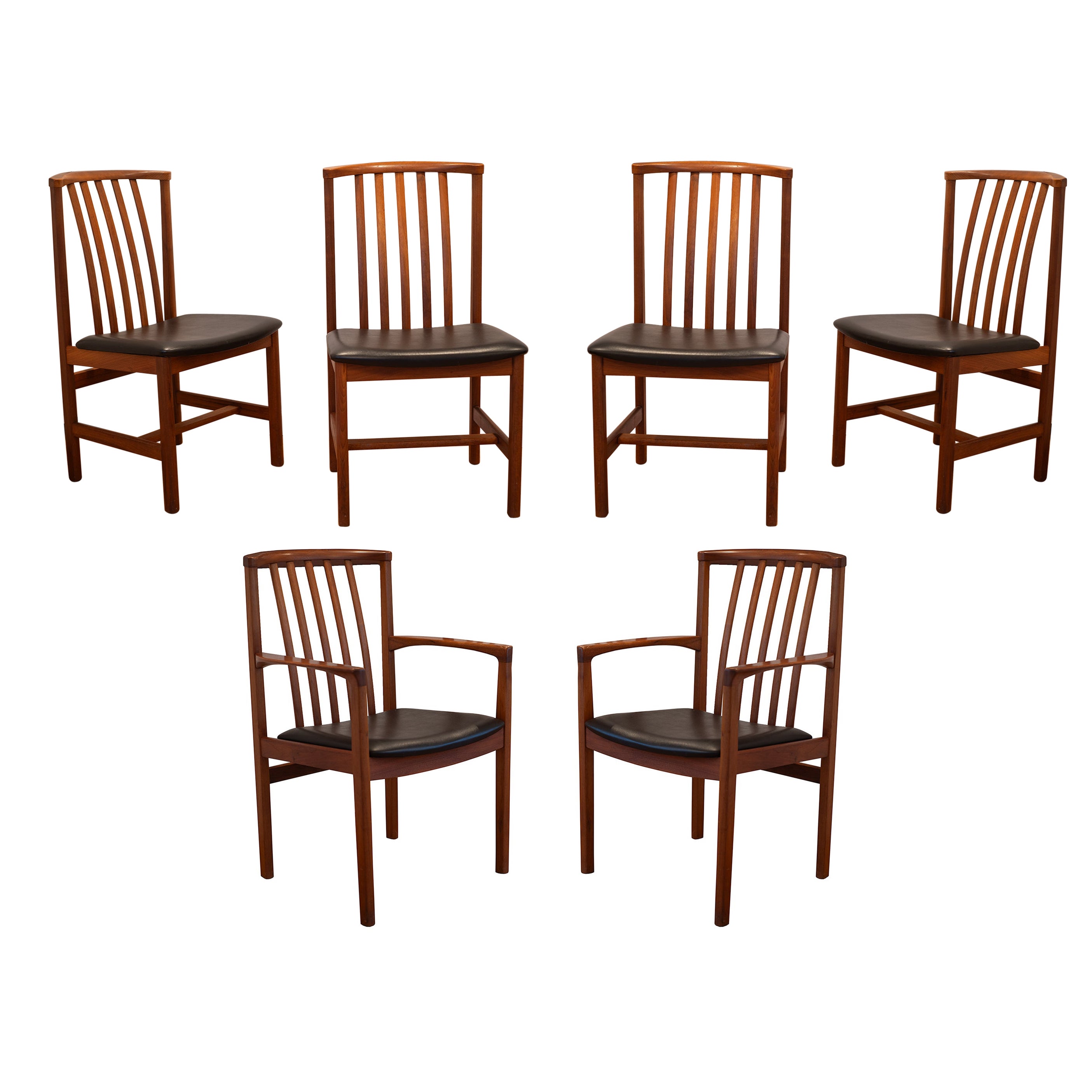 Raro Juego de 6 Sillas de Comedor DUX de los 60 2 Brazos 4 Laterales Nogal y Cuero Negro en venta