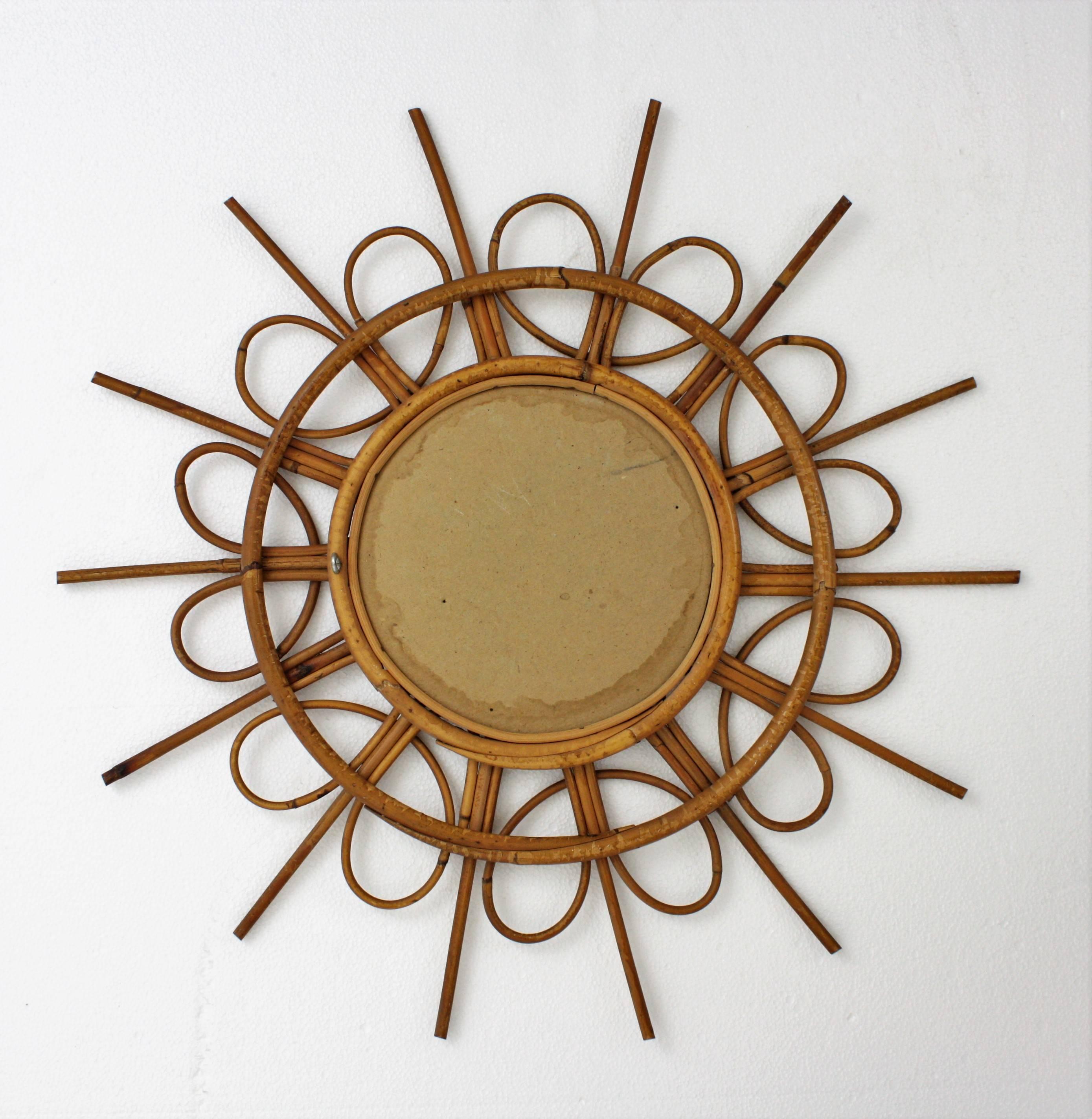 Rare 1960s Spanish Rattan Sunburst Mirror with Loops Frame 4