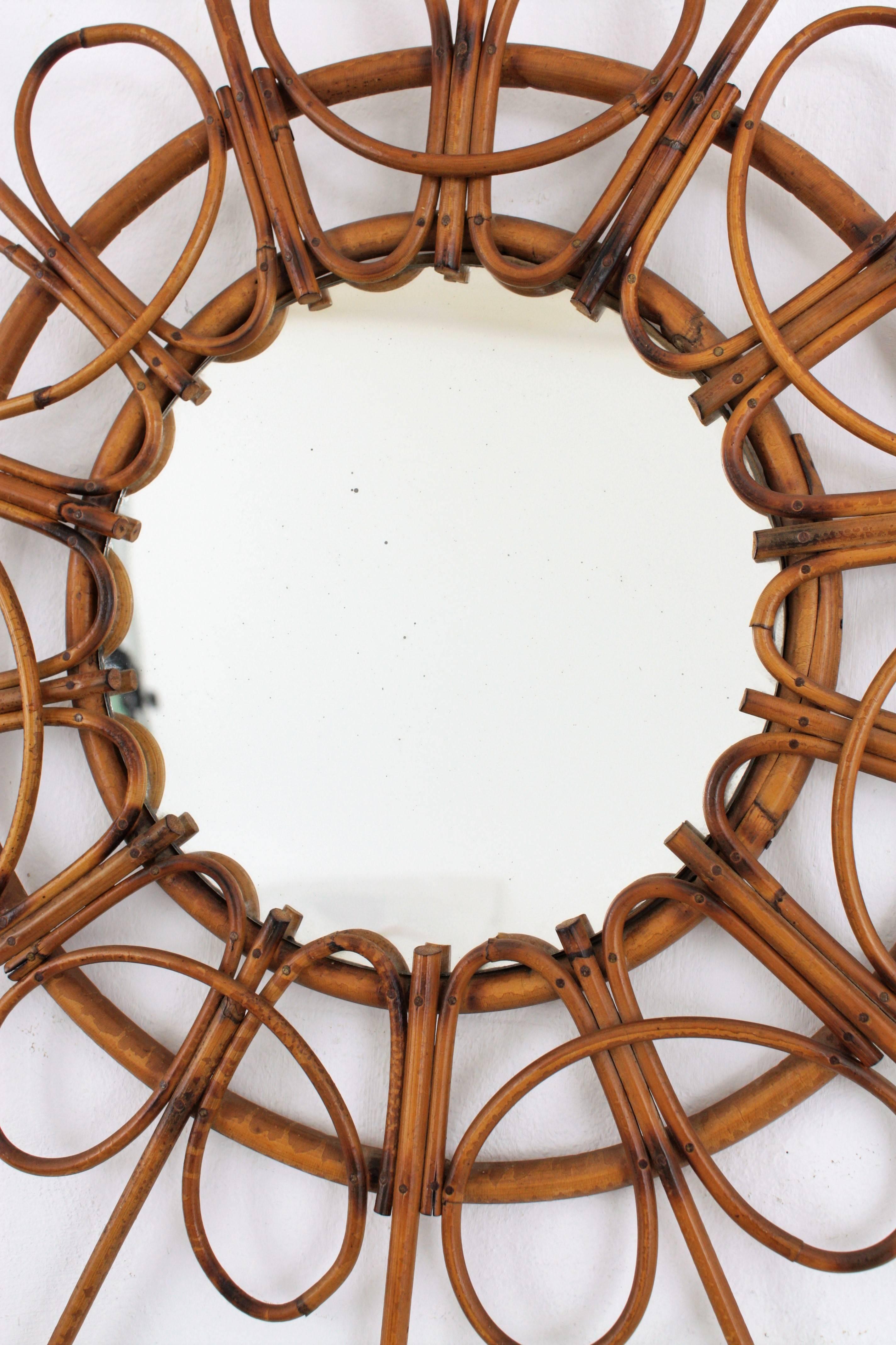 Rare 1960s Spanish Rattan Sunburst Mirror with Loops Frame 2