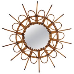 Vintage Rare 1960s Spanish Rattan Sunburst Mirror with Loops Frame