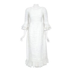 Rare 1960's Sybil Connolly Couture Pleated White Linen Bell-Sleeve Bridal Dress