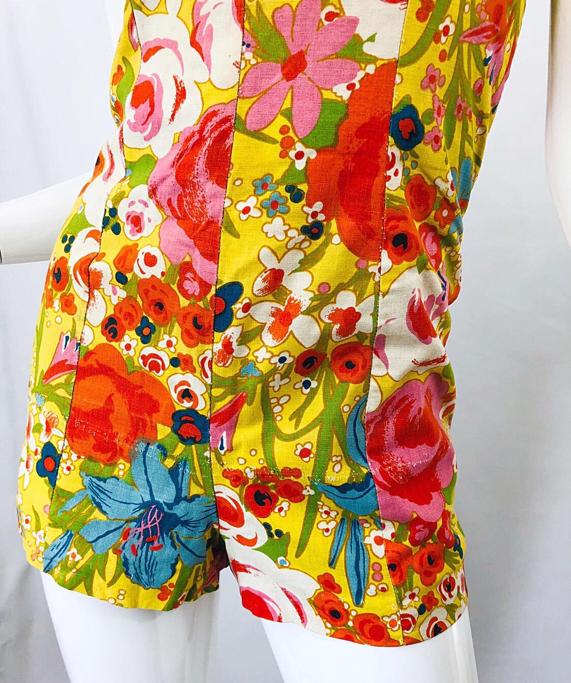 Brown 1960s Tina Leser Mod One Piece Vintage Playsuit Romper 60s Swimsuit Flowers For Sale