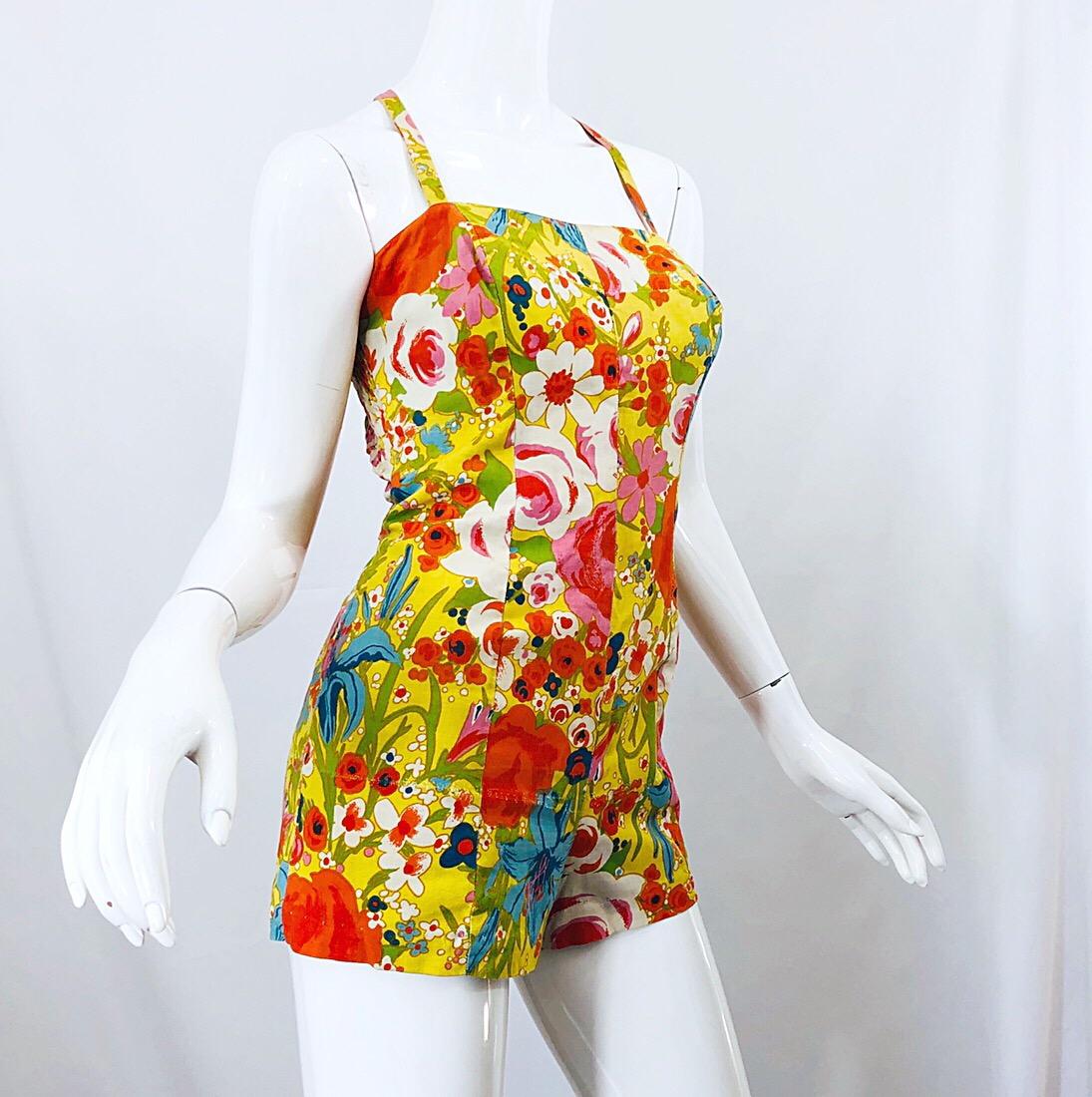 1960s Tina Leser Mod One Piece Vintage Playsuit Romper 60s Swimsuit Flowers In Excellent Condition For Sale In San Diego, CA