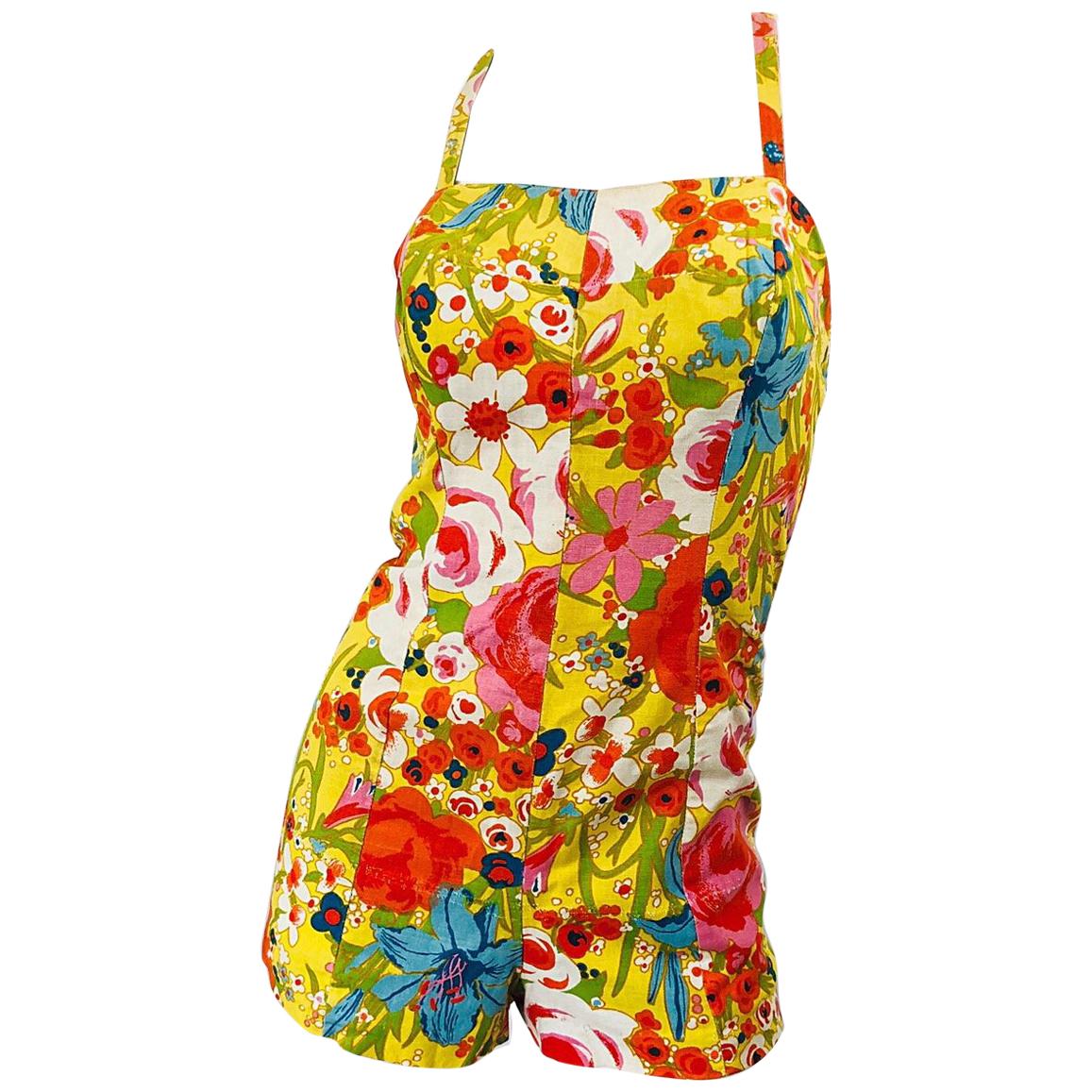 1960s Tina Leser Mod One Piece Vintage Playsuit Romper 60s Swimsuit Flowers
